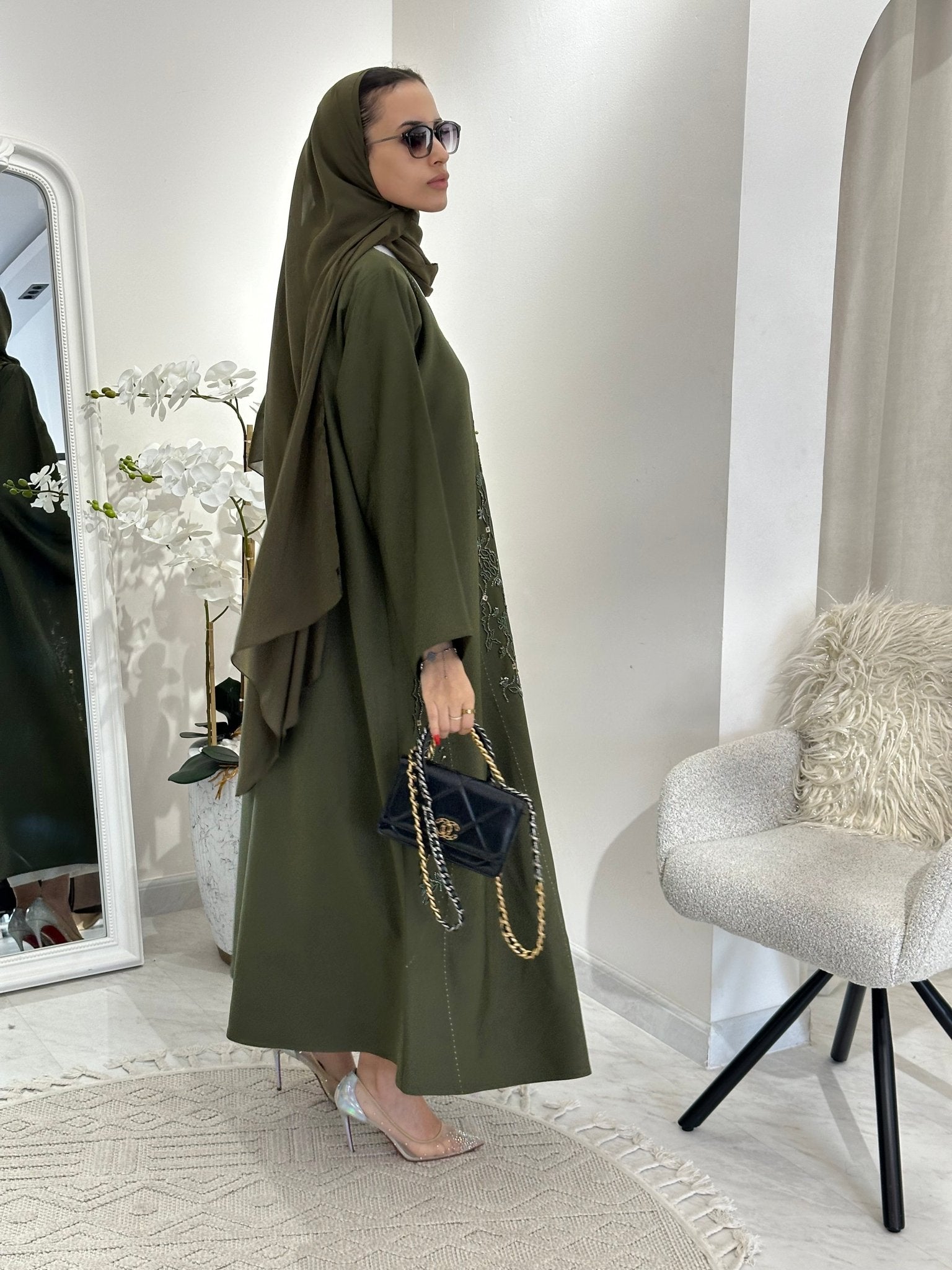 C 0353 Olive Beaded Abaya