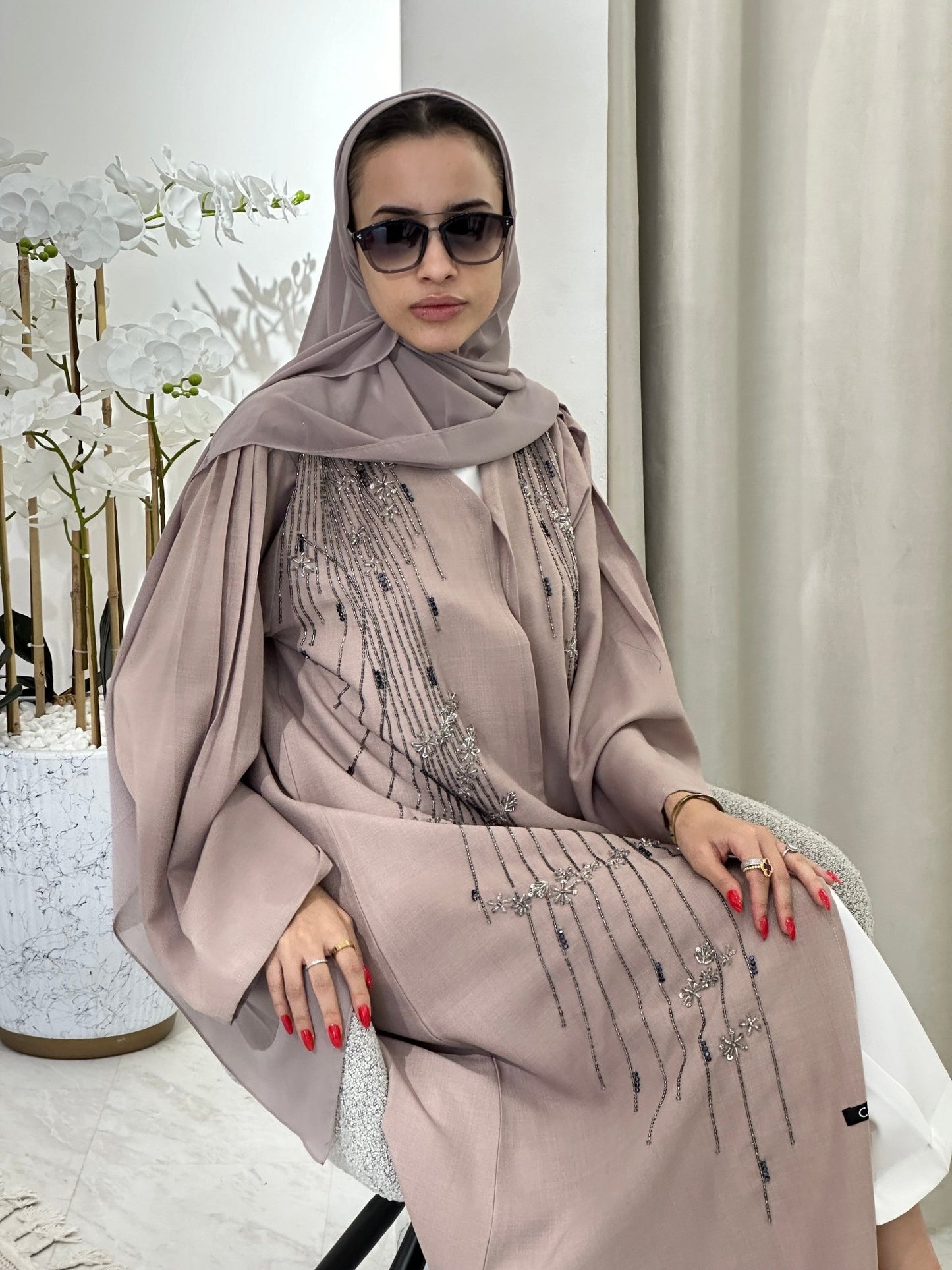 C 0362 Beige Beaded Abaya