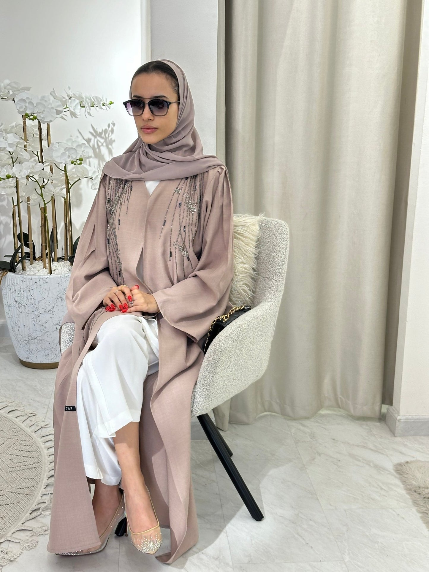 C 0362 Beige Beaded Abaya