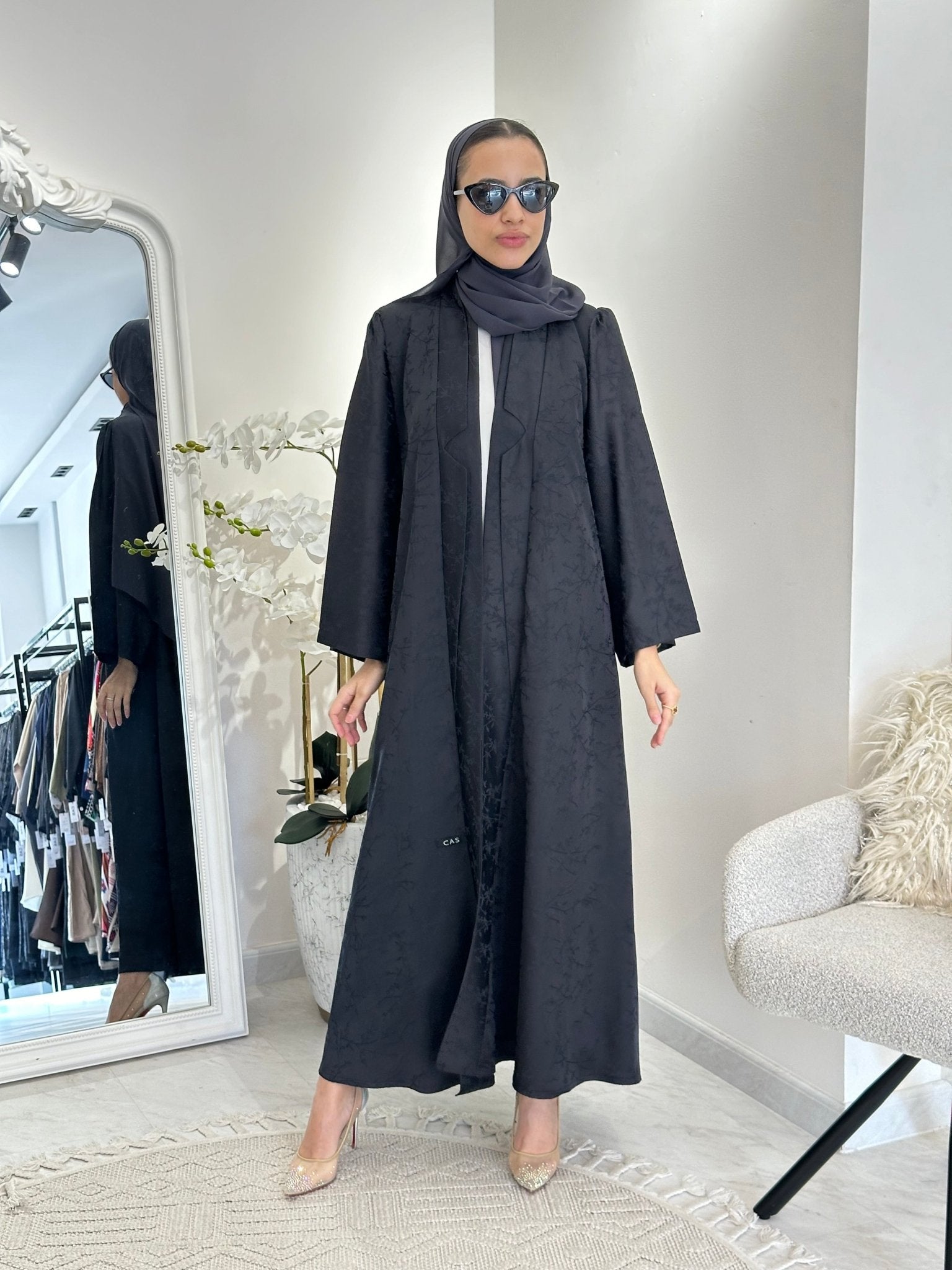 C 0371 - 03 Dark Grey Floral Printed Abaya