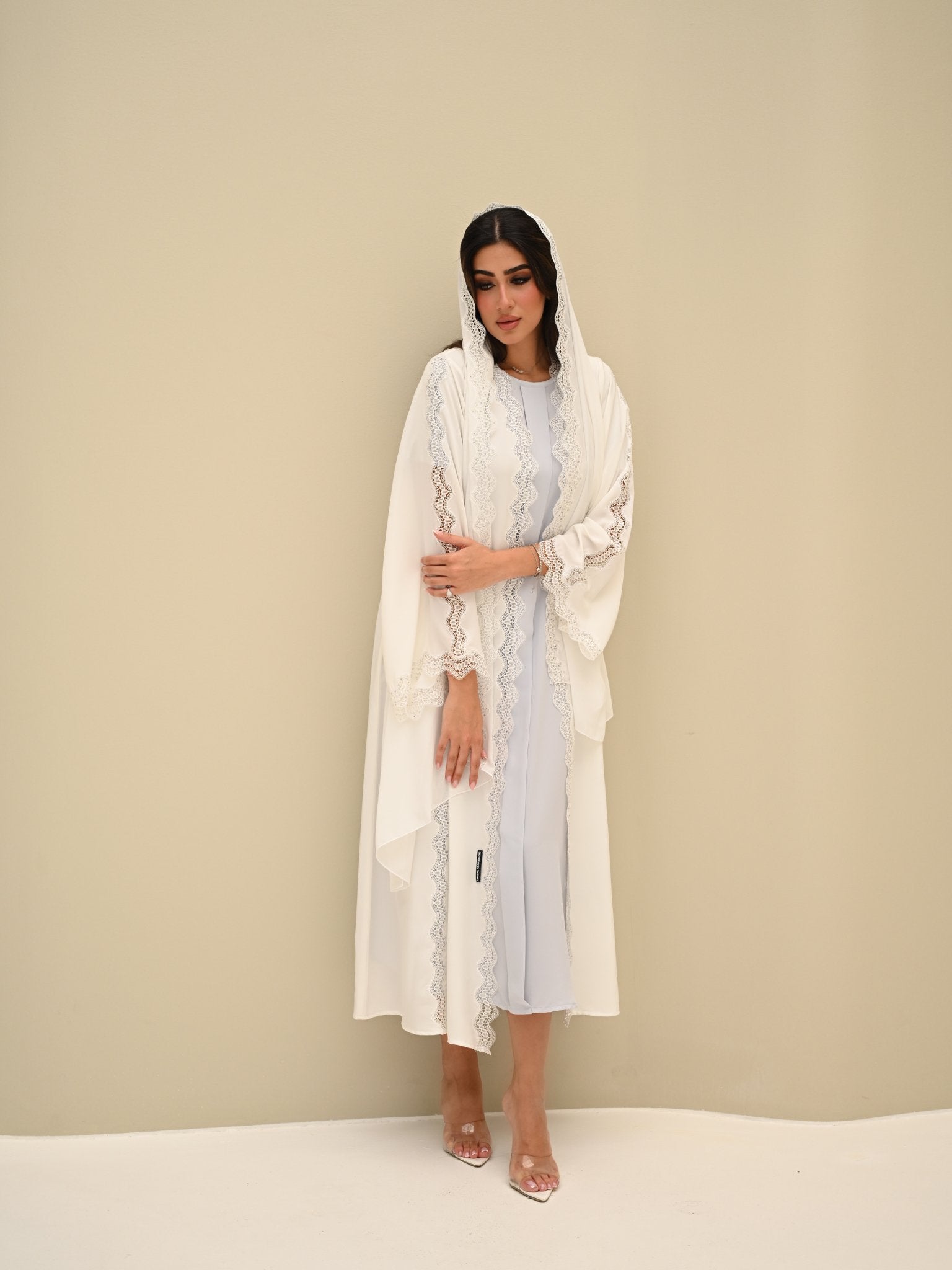 C 0422 White Lace Abaya