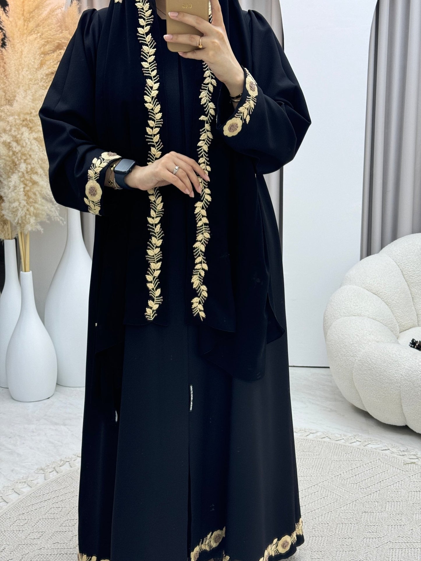 C 0466 Black Beige Embroidery Abaya