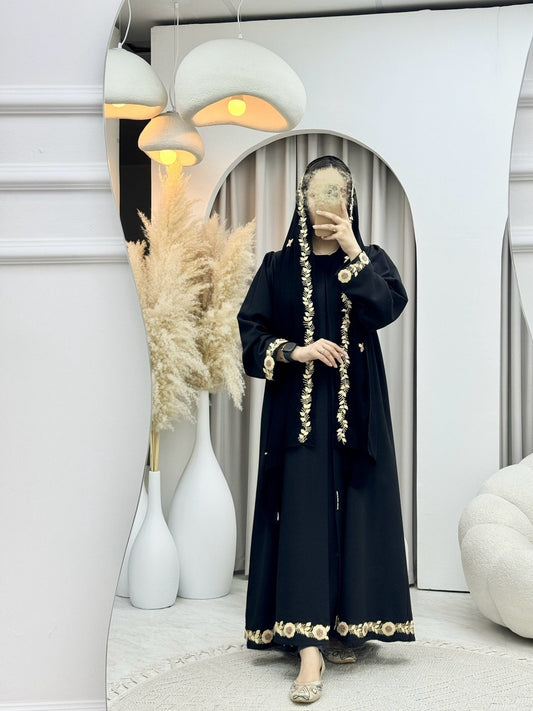 C 0466 Black Beige Embroidery Abaya