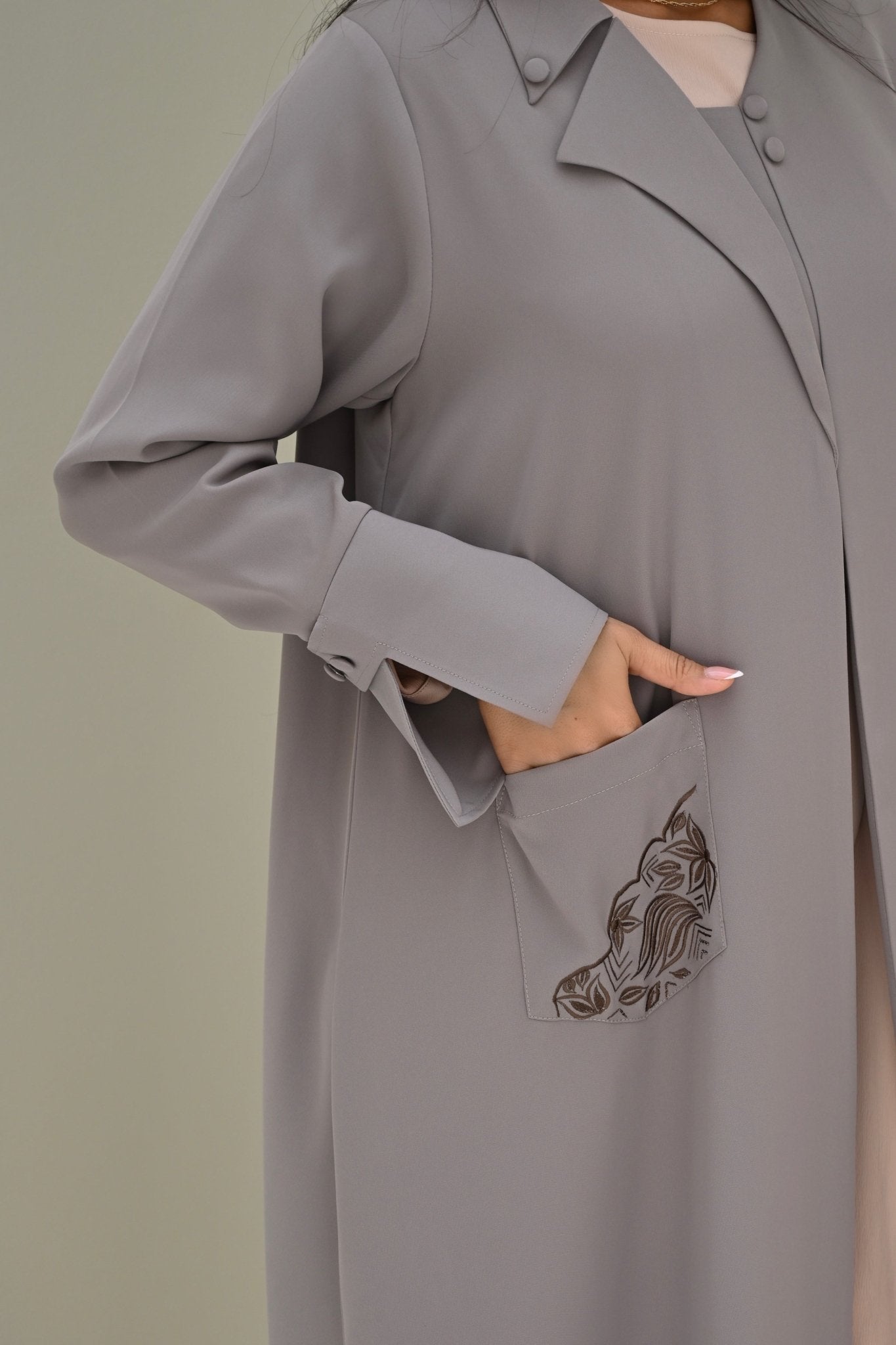 C 0504 Beige Embroidered Coat Abaya