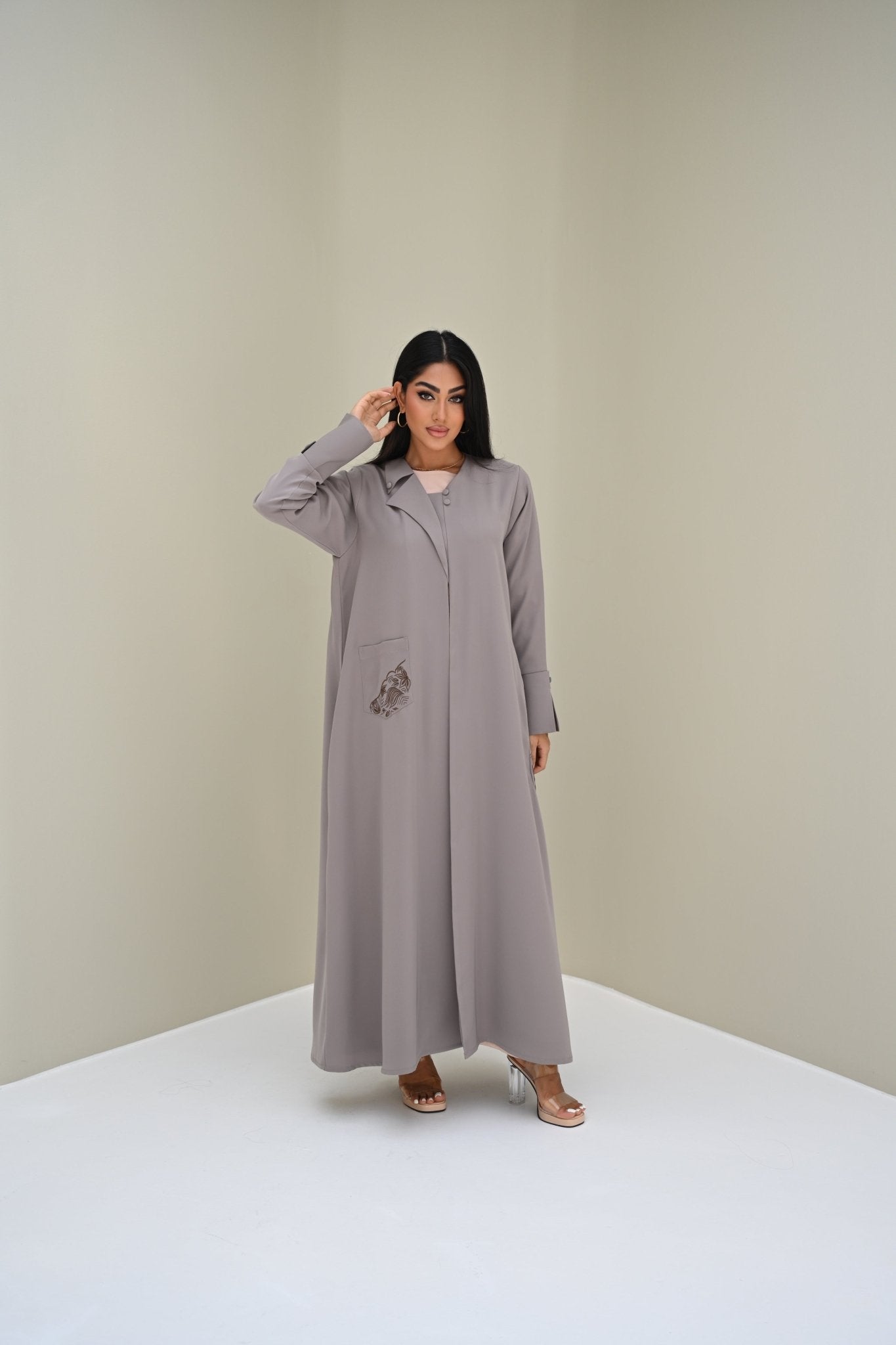 C 0504 Beige Embroidered Coat Abaya