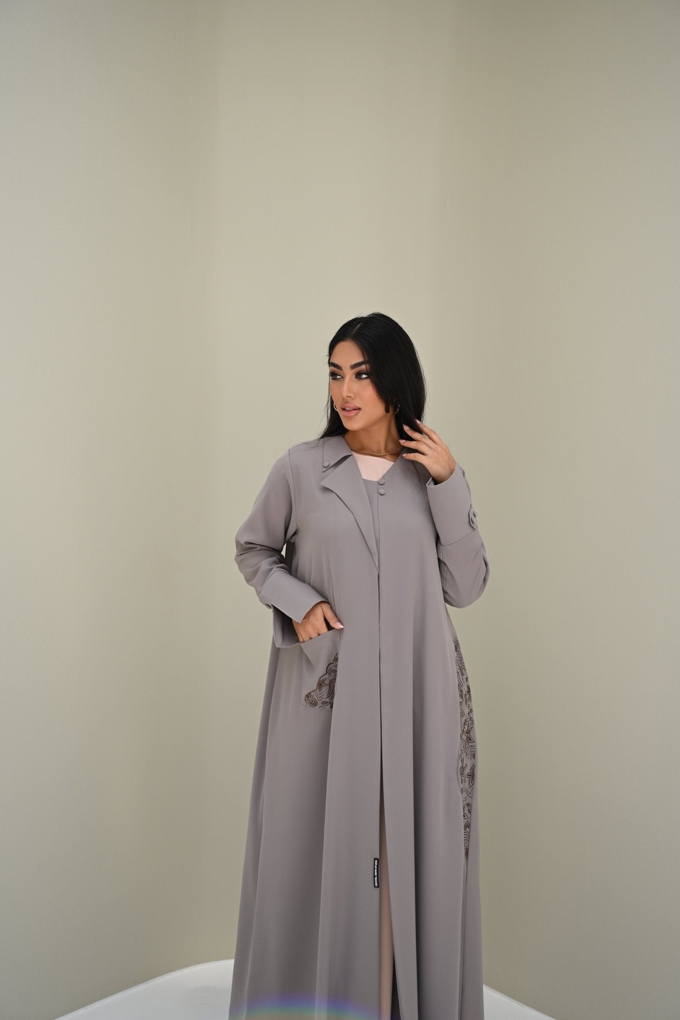 C 0504 Beige Embroidered Coat Abaya