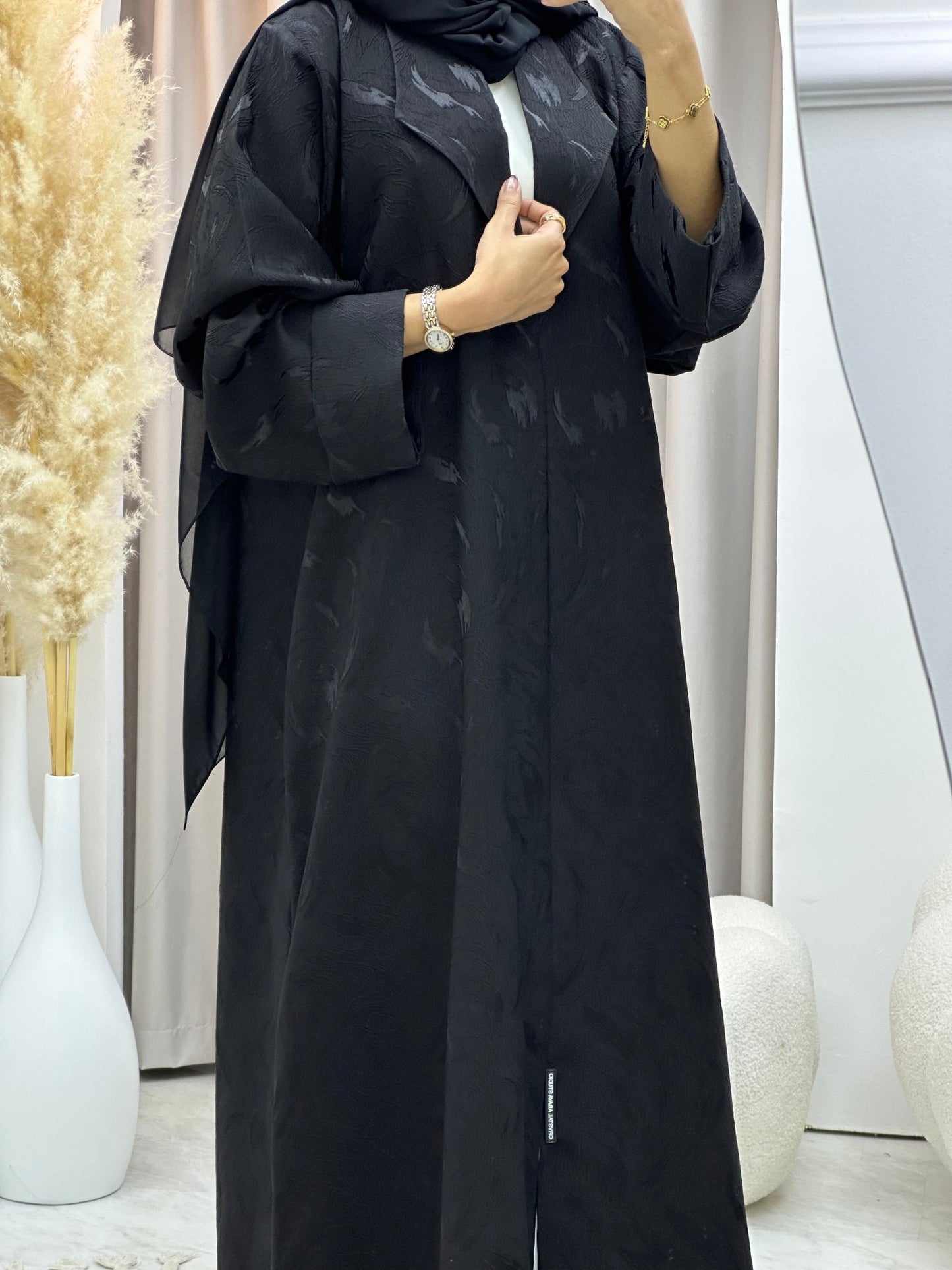 C 0583 - 01 Black Leaf Printed Abaya