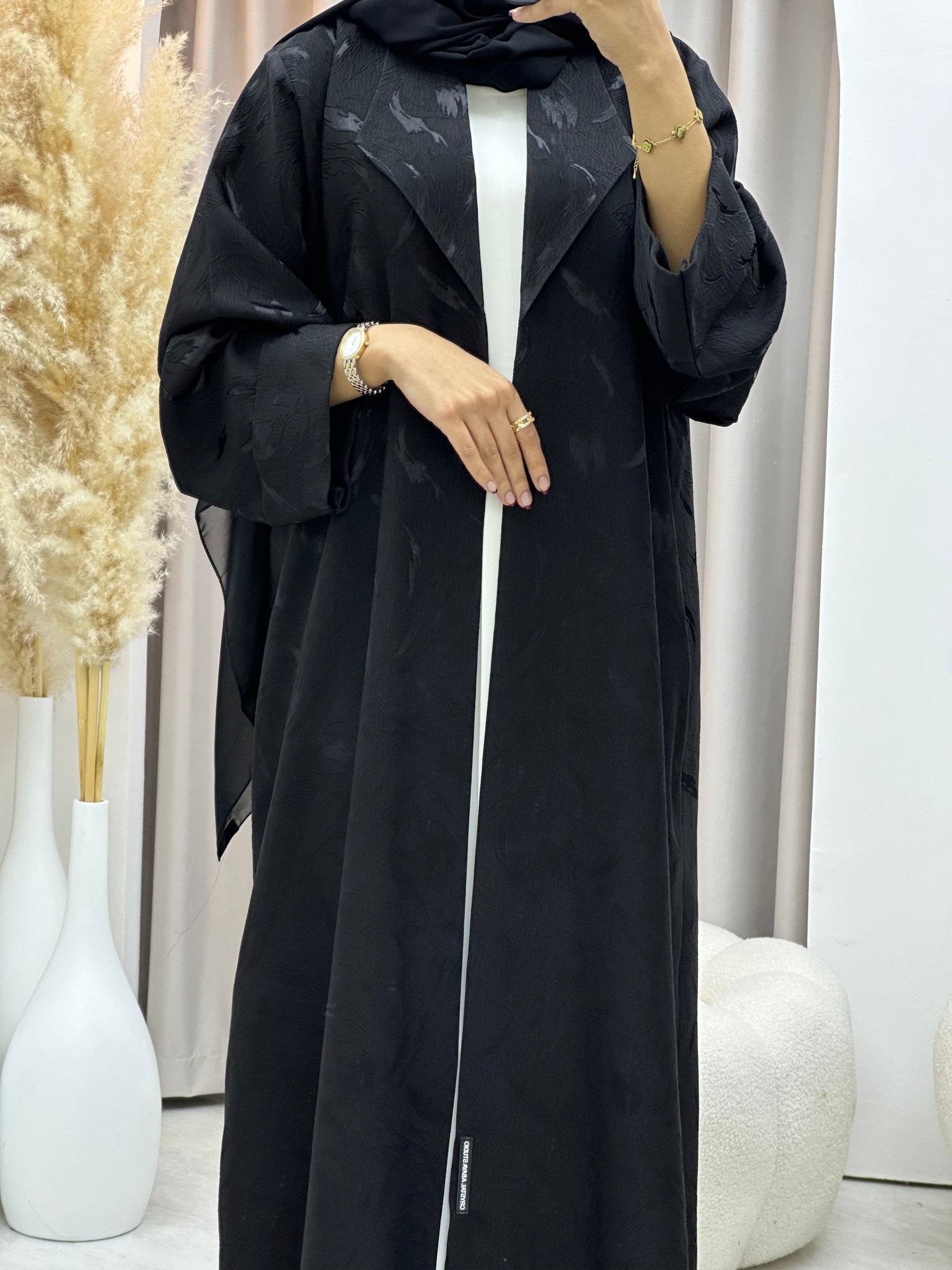 C 0583 - 01 Black Leaf Printed Abaya