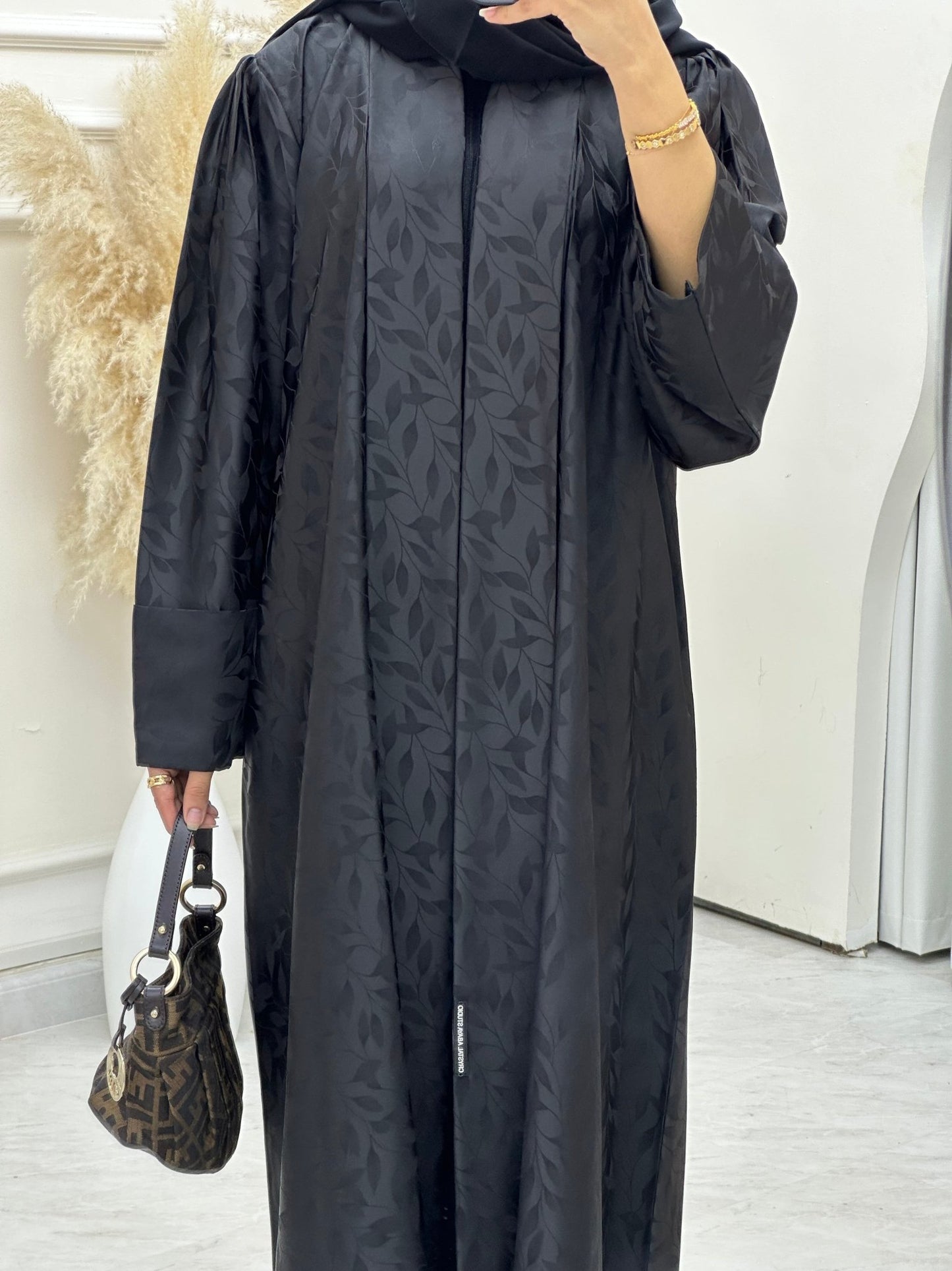 C 0632 - 01 Black Leaf Print Abaya