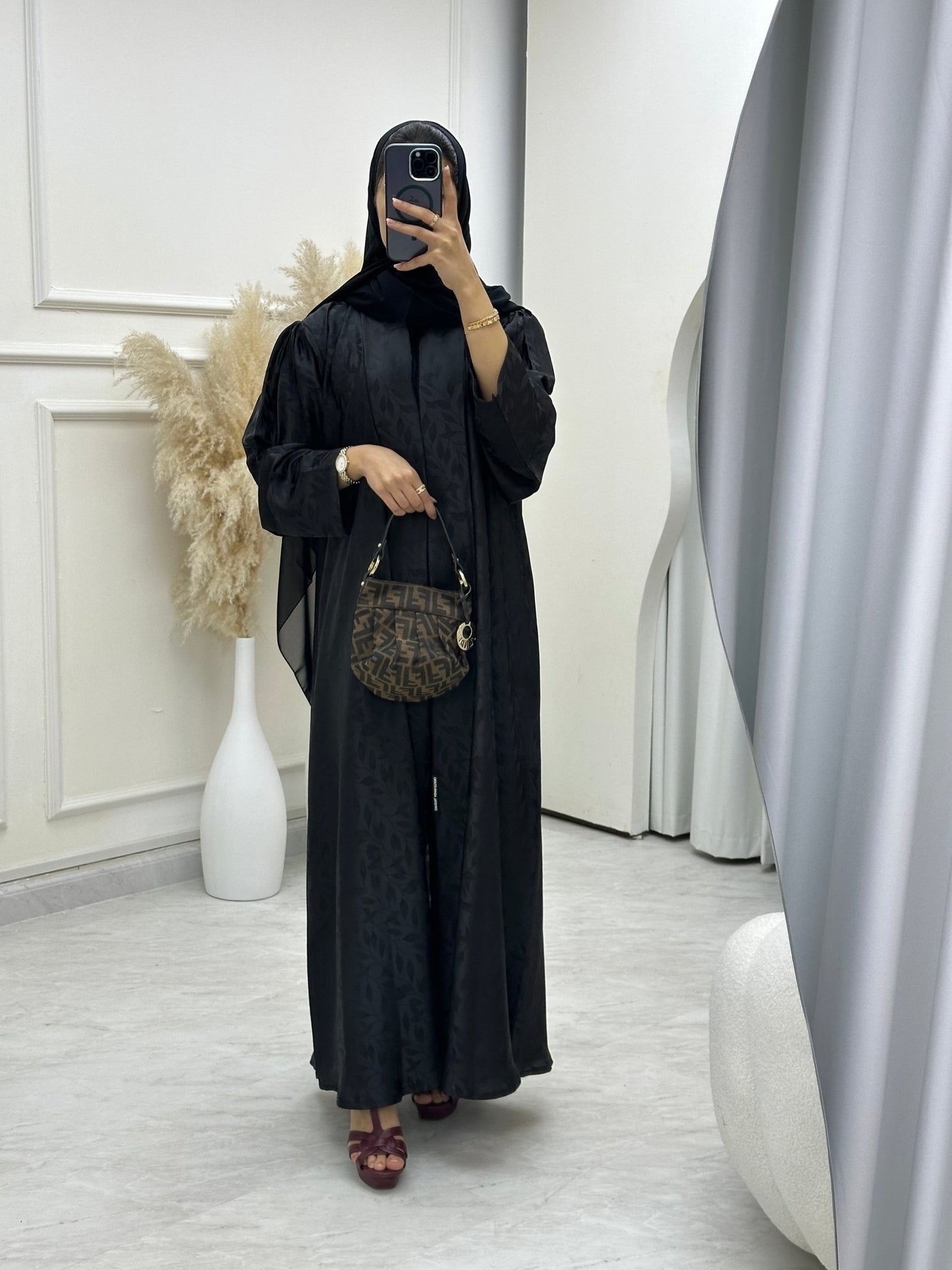 C 0632 - 01 Black Leaf Print Abaya