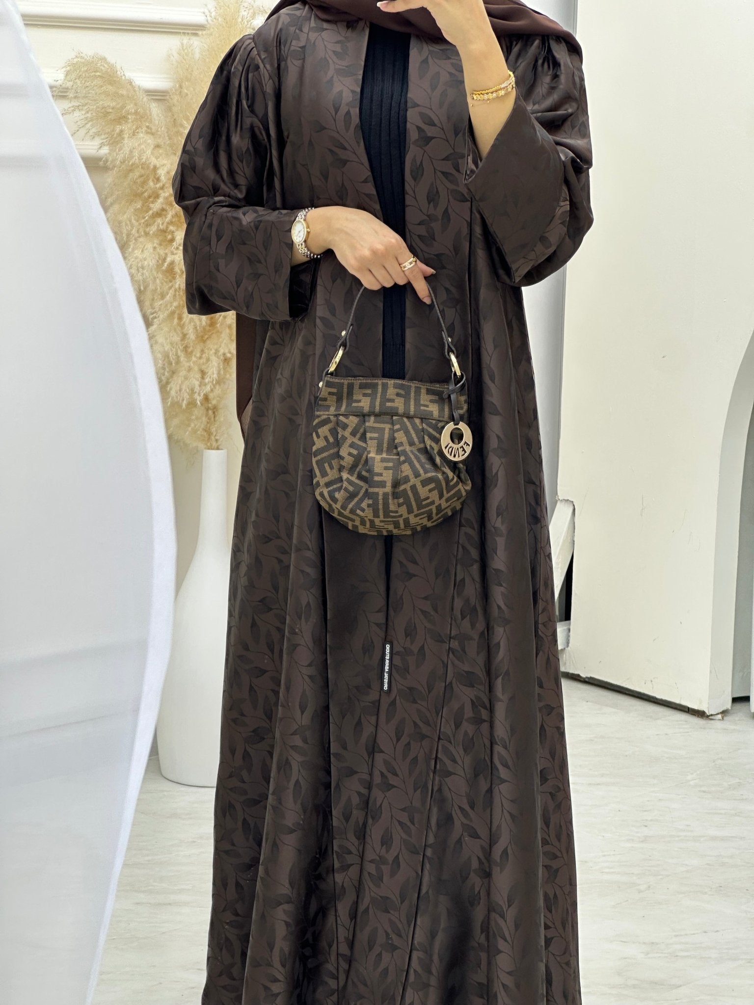 C 0632 - 02 Brown Leaf Print Abaya