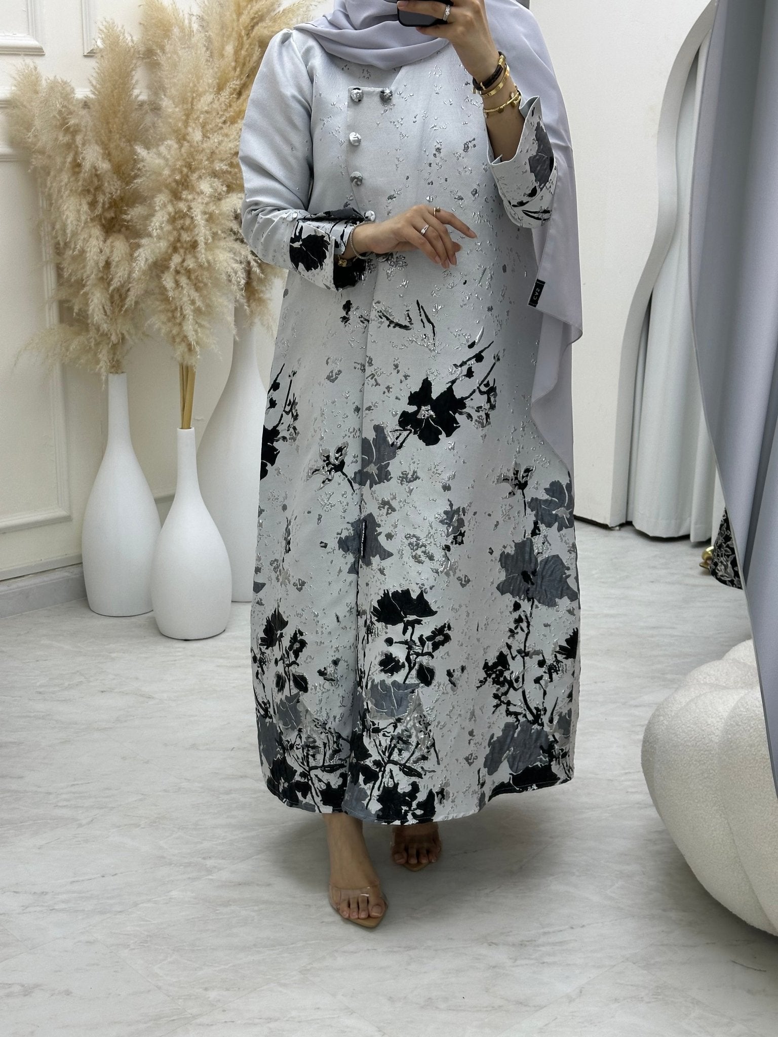 C 0650 Floral Silver Abaya