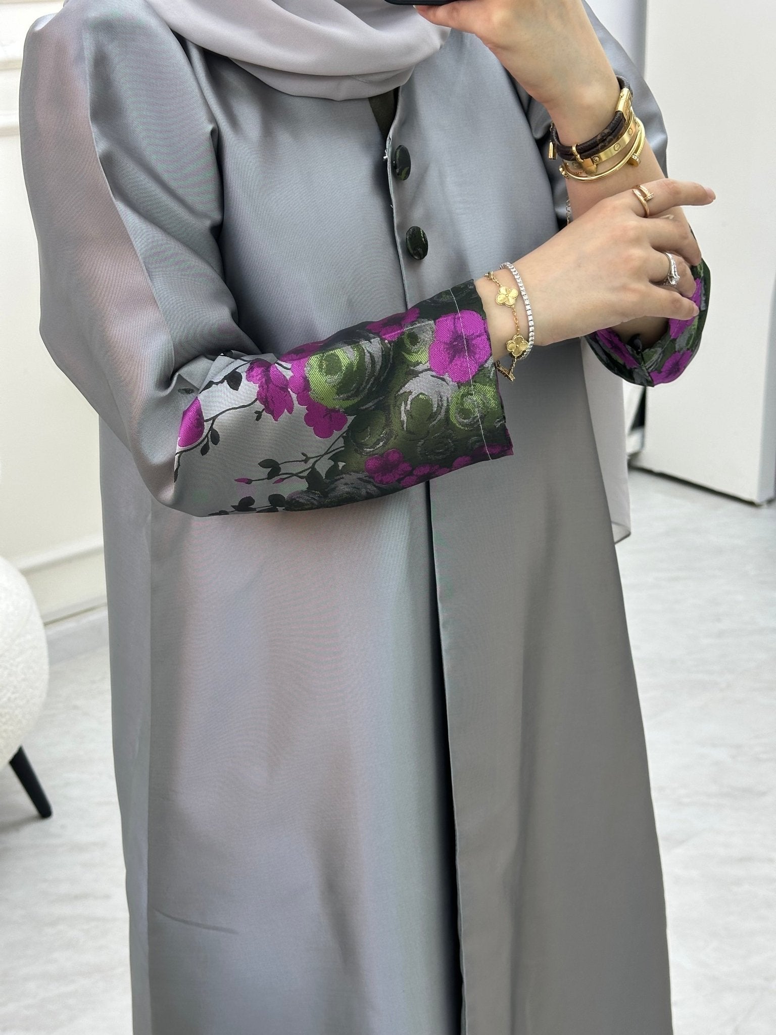 C 0651 Pink Floral Silver Abaya