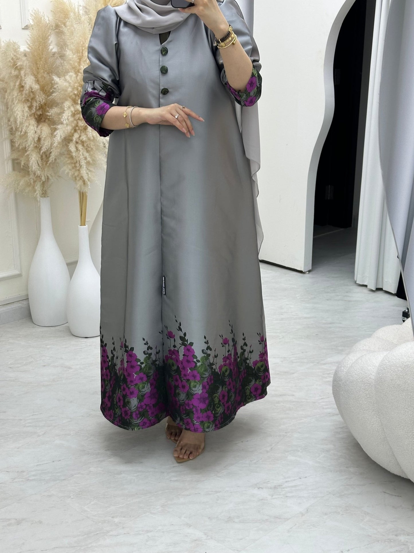 C 0651 Pink Floral Silver Abaya