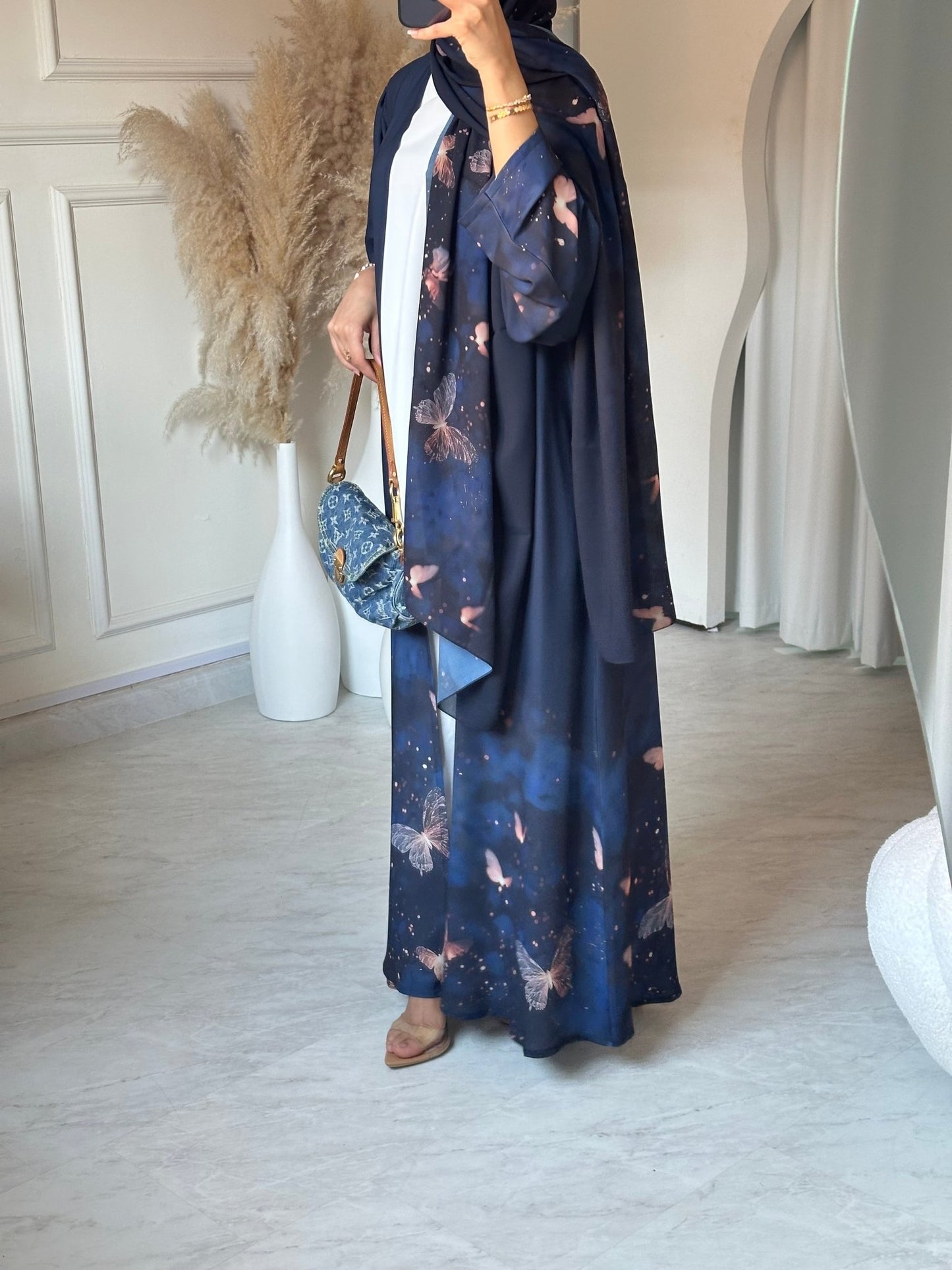 C 0668 Navy Blue Butterfly Printed Abaya