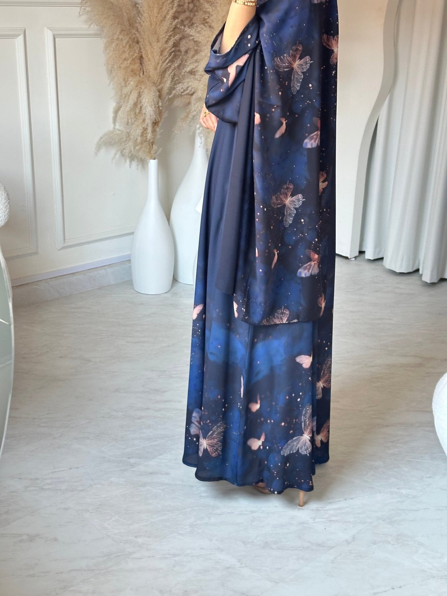 C 0668 Navy Blue Butterfly Printed Abaya