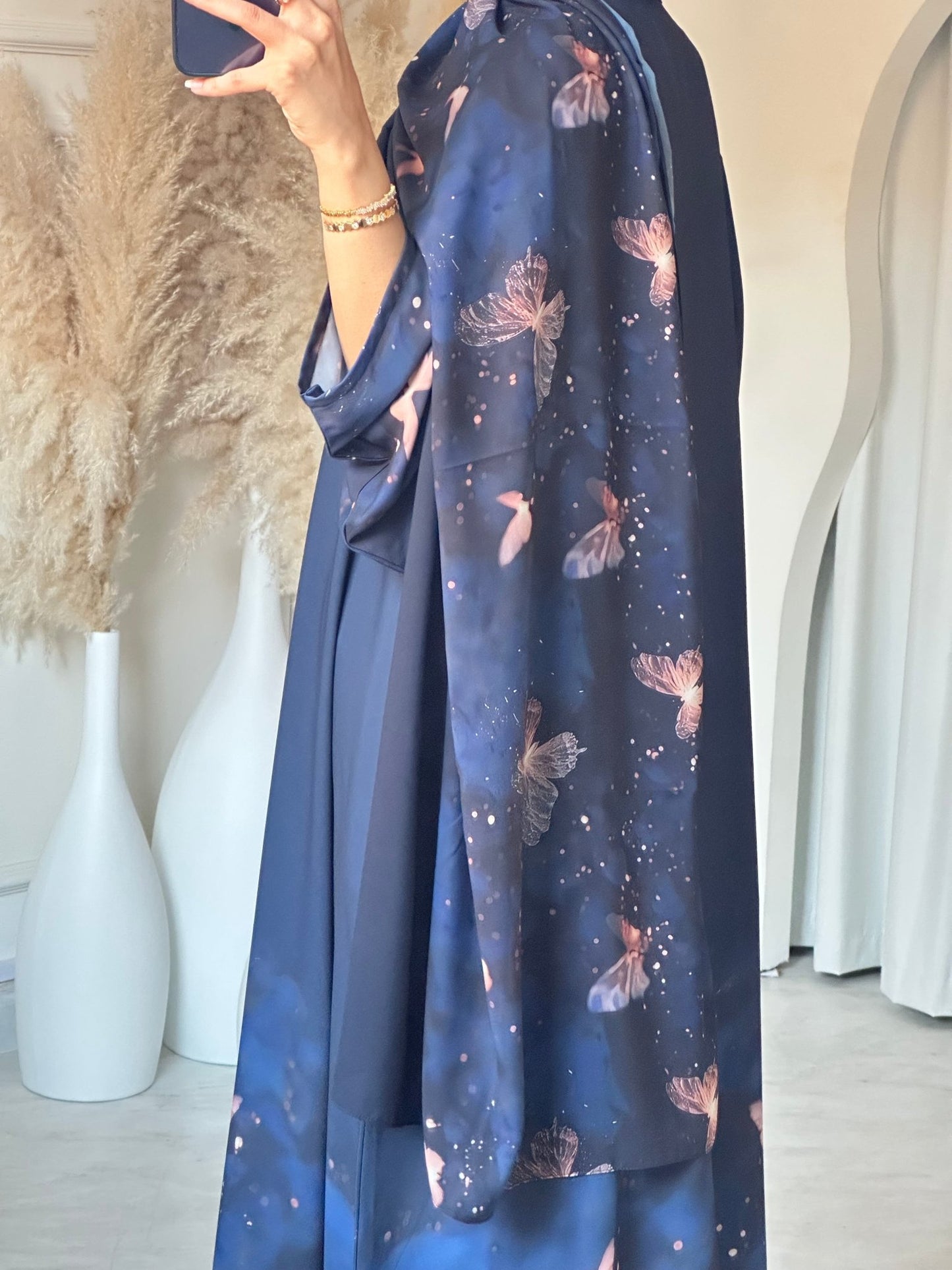 C 0668 Navy Blue Butterfly Printed Abaya