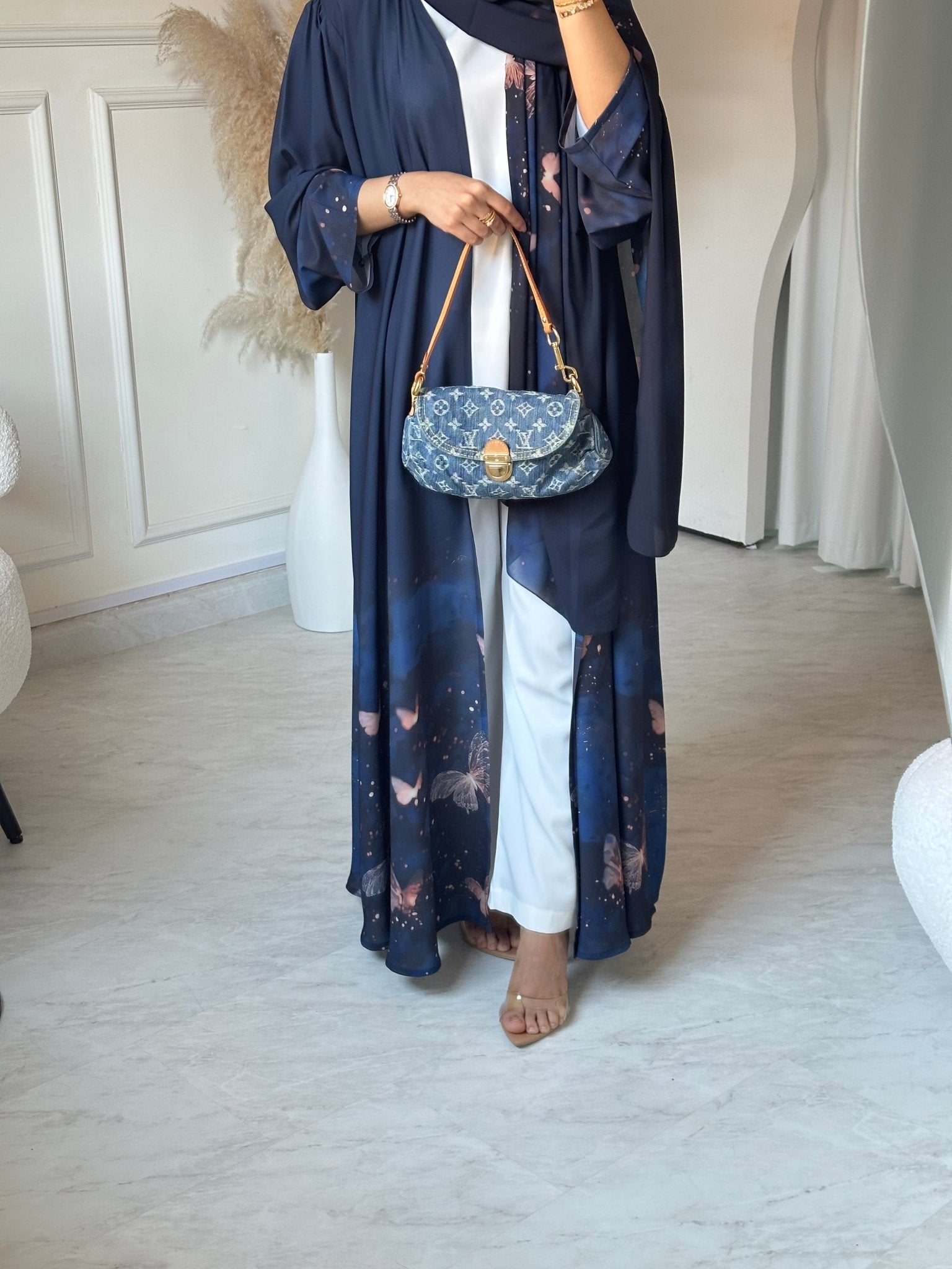 C 0668 Navy Blue Butterfly Printed Abaya