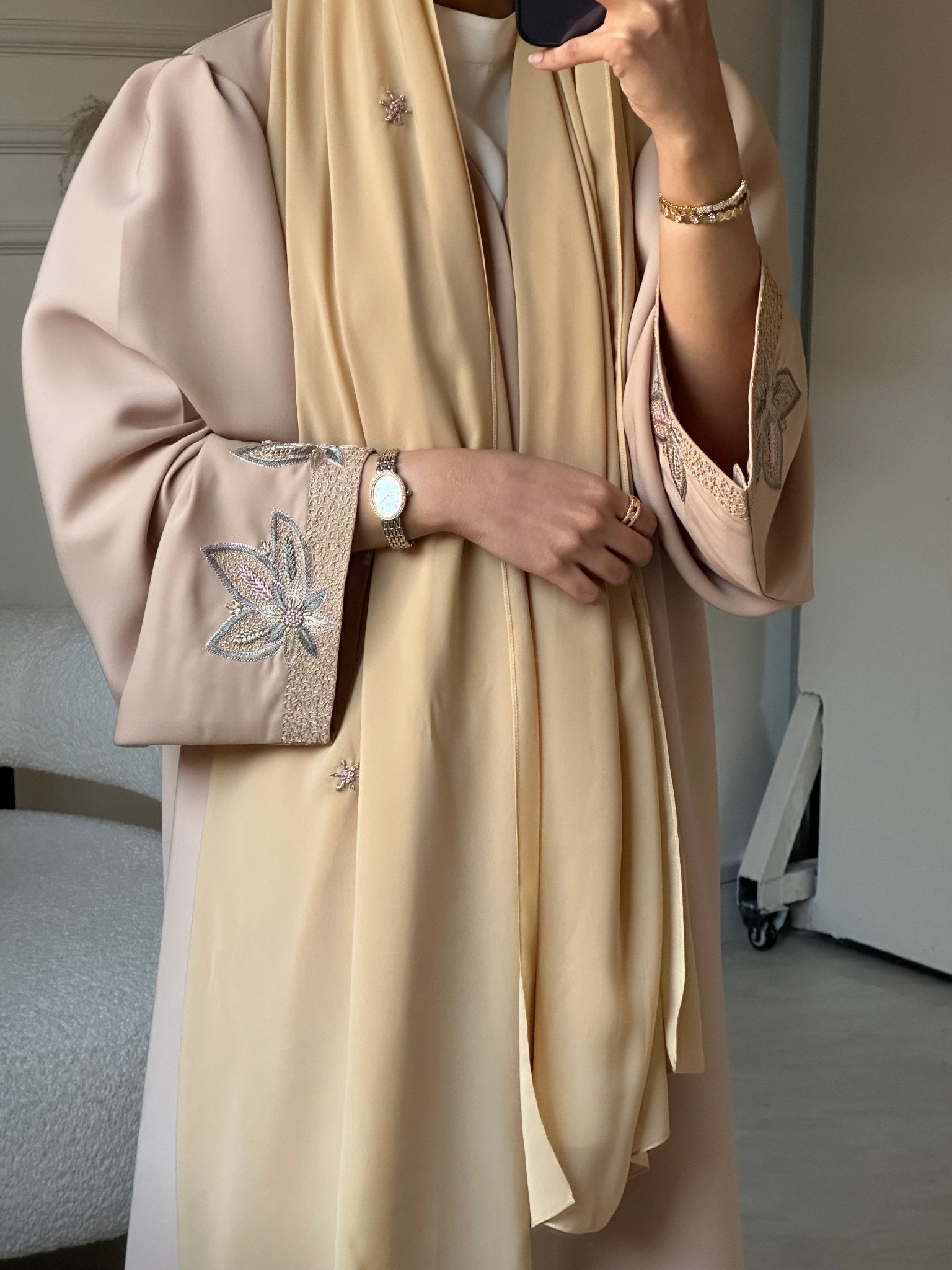 C 0703 Embroidered Beige Abaya