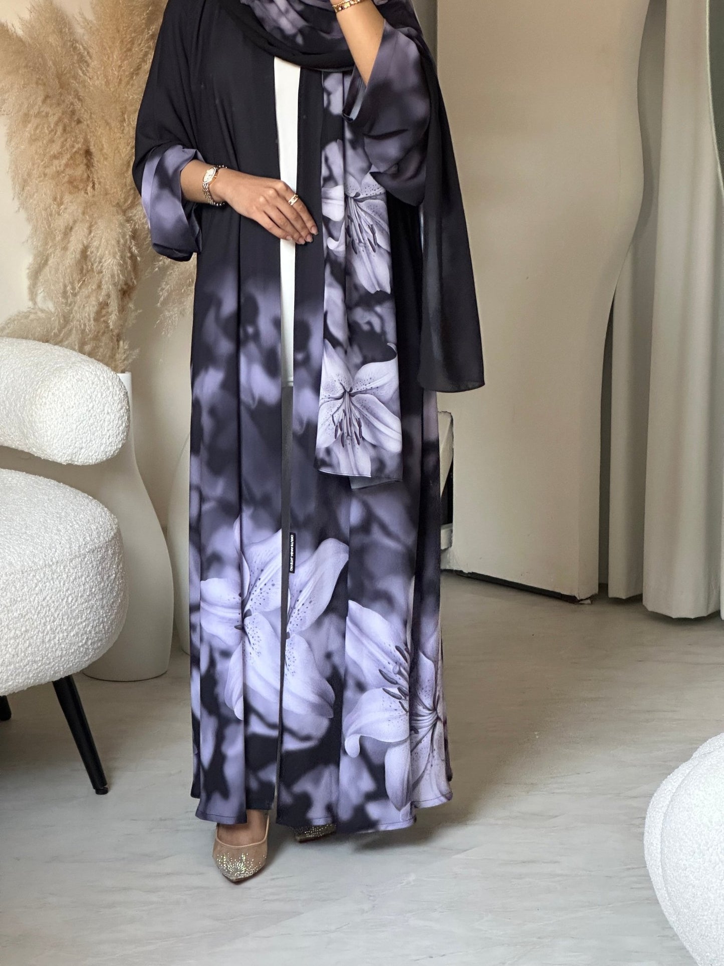 C 0708 Printed Purple Grey Abaya