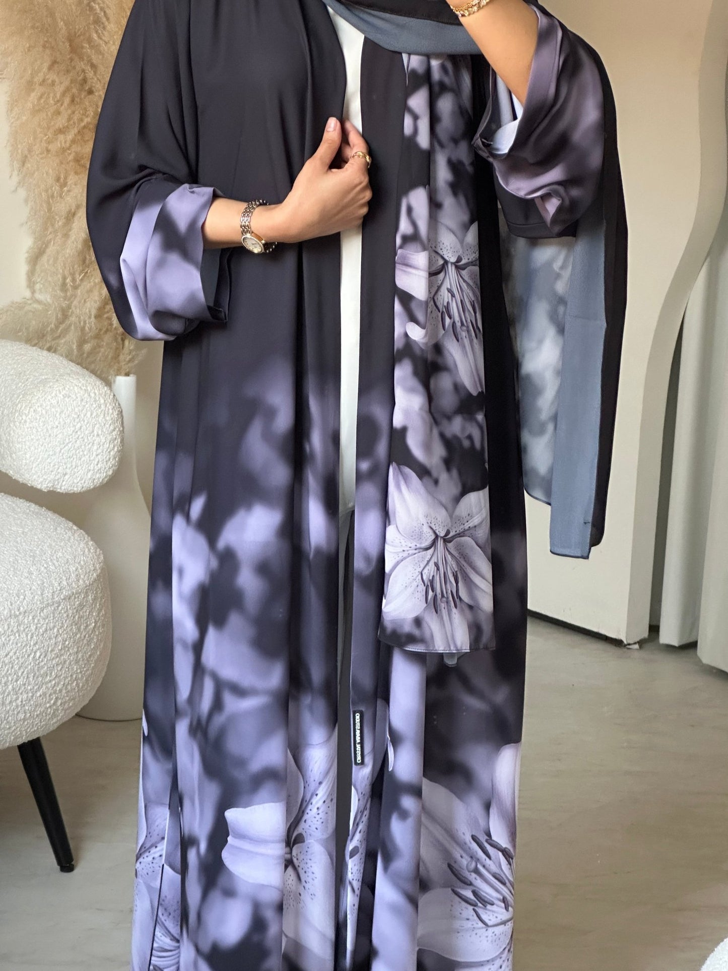 C 0708 Printed Purple Grey Abaya