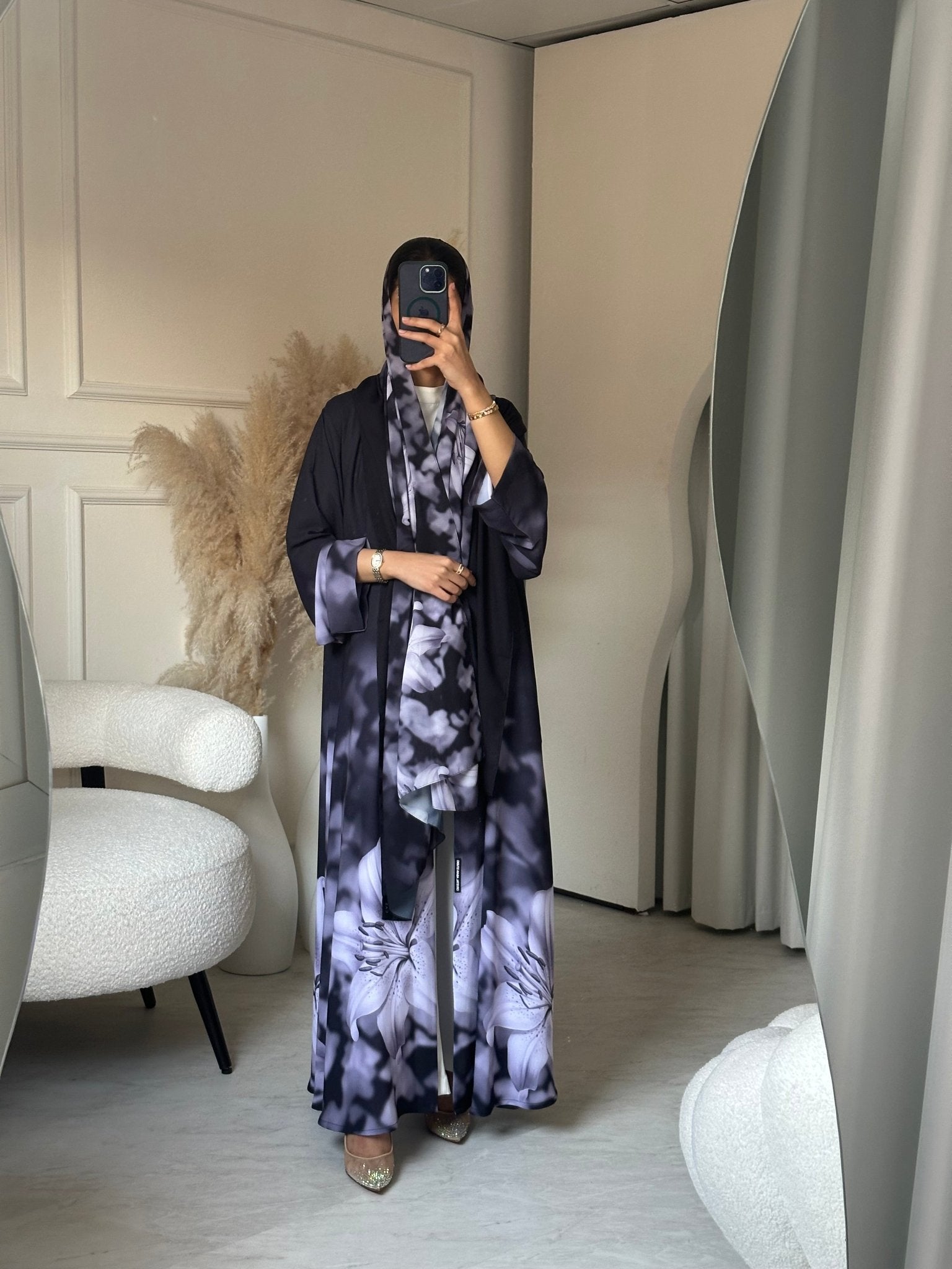 C 0708 Printed Purple Grey Abaya