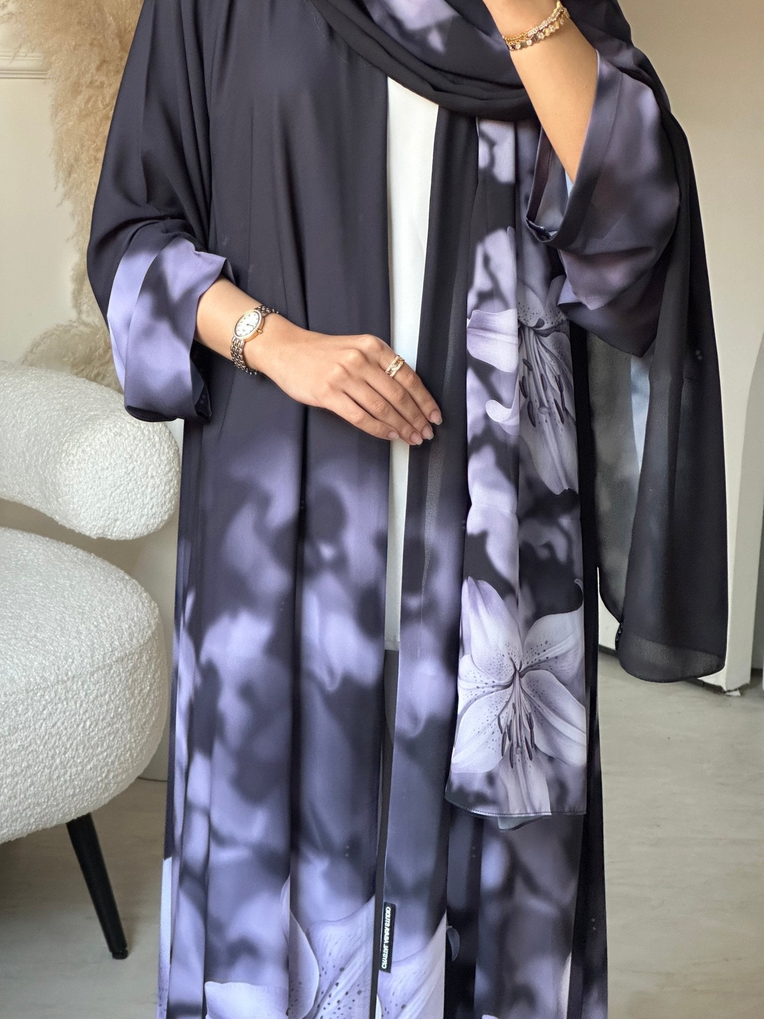 C 0708 Printed Purple Grey Abaya