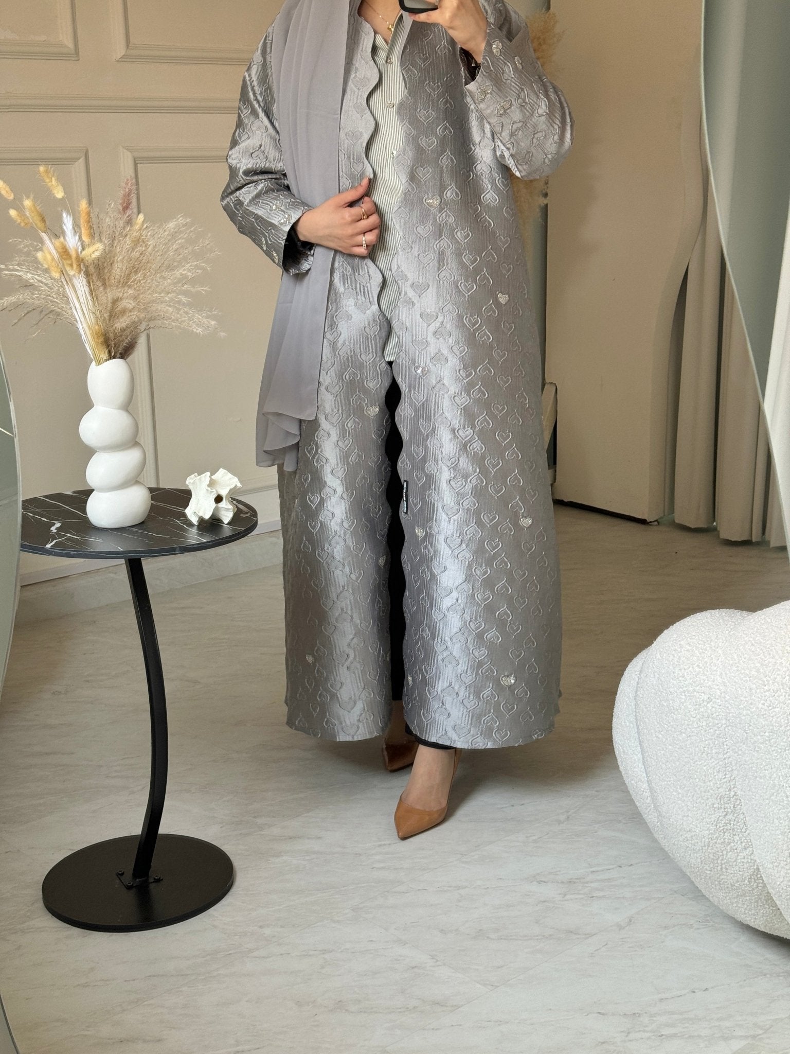 C 0715 - 01 Beaded Printed Silver Abaya