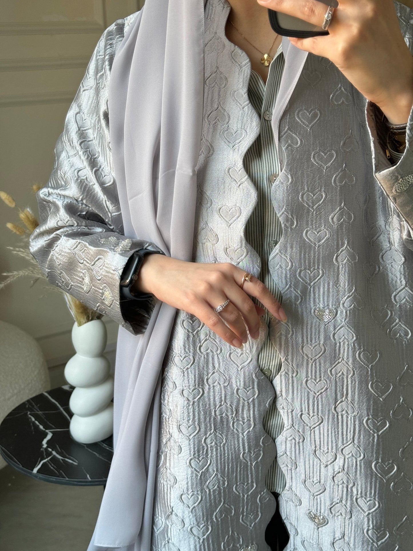 C 0715 - 01 Beaded Printed Silver Abaya