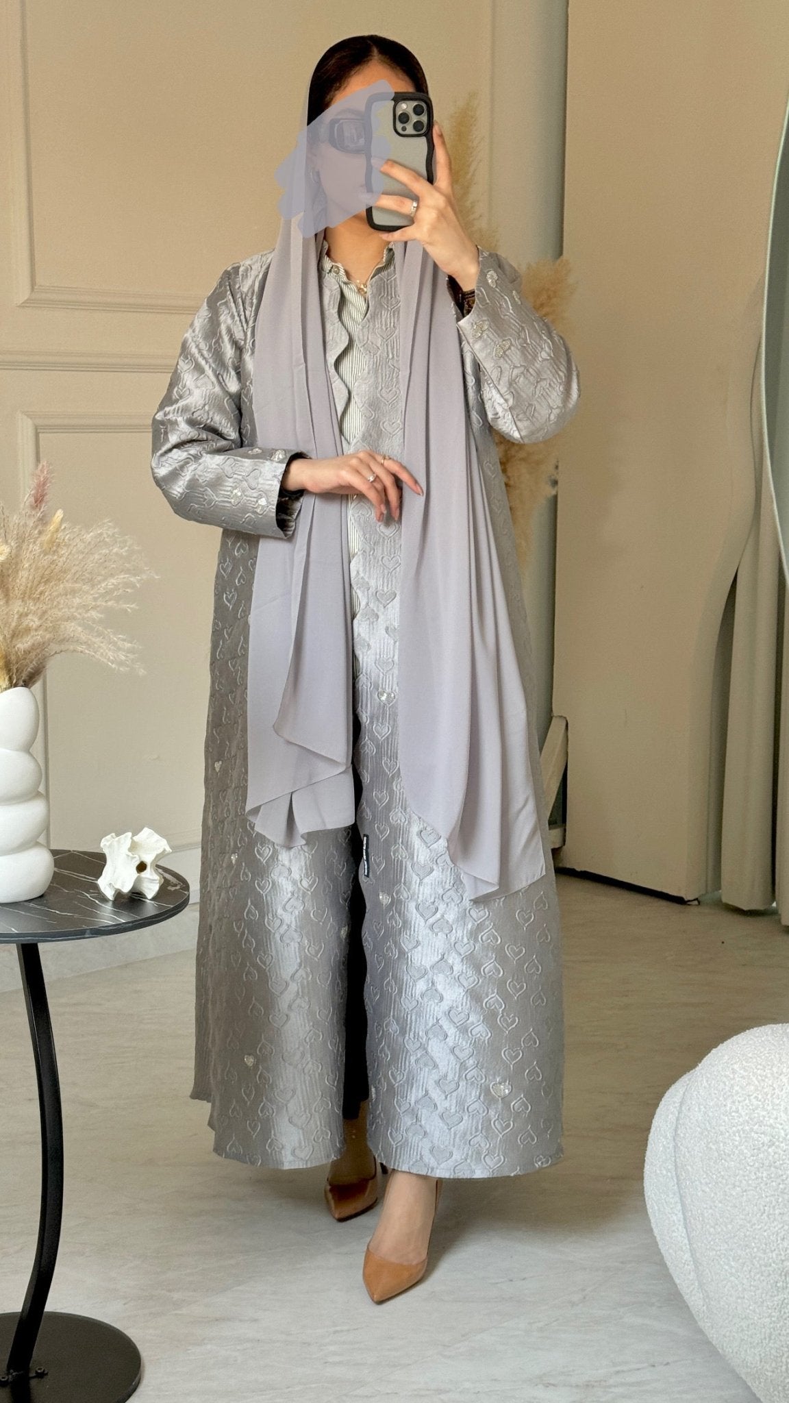 C 0715 - 01 Beaded Printed Silver Abaya