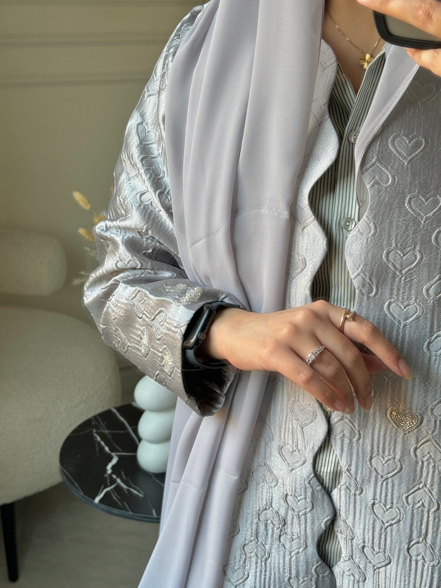 C 0715 - 01 Beaded Printed Silver Abaya