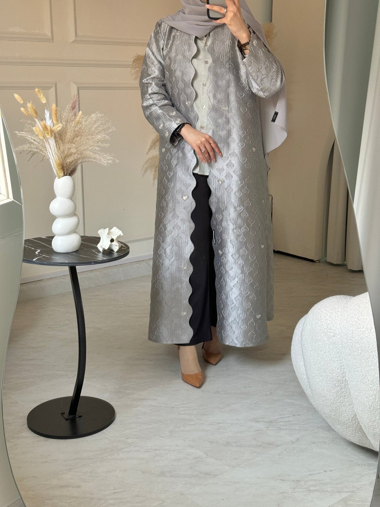 C 0715 - 01 Beaded Printed Silver Abaya