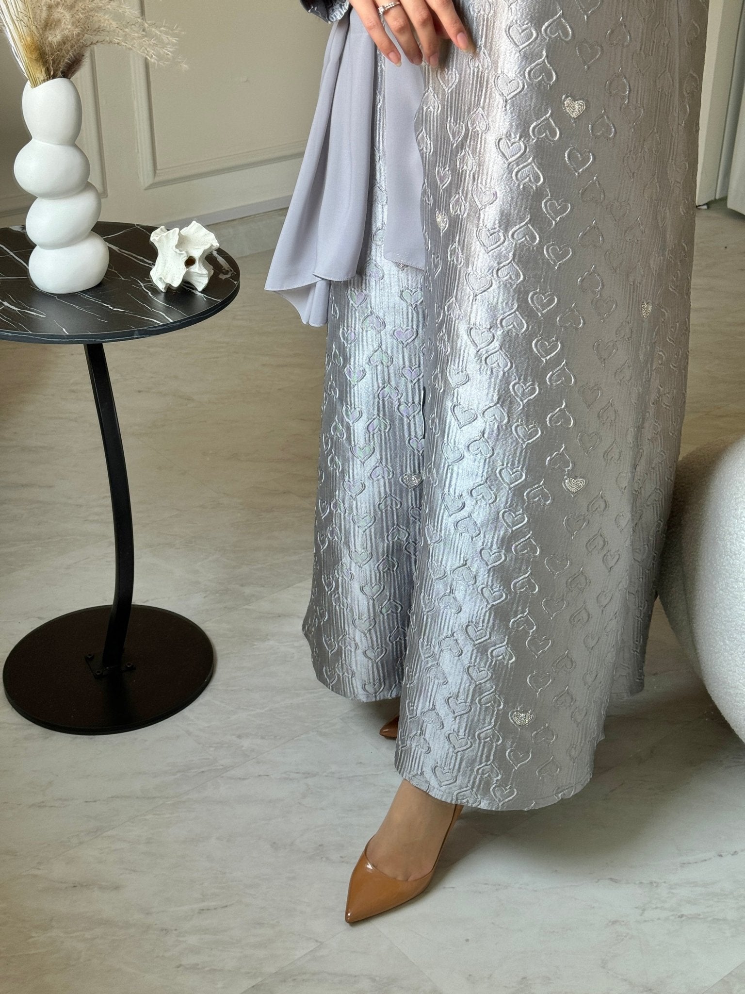 C 0715 - 01 Beaded Printed Silver Abaya