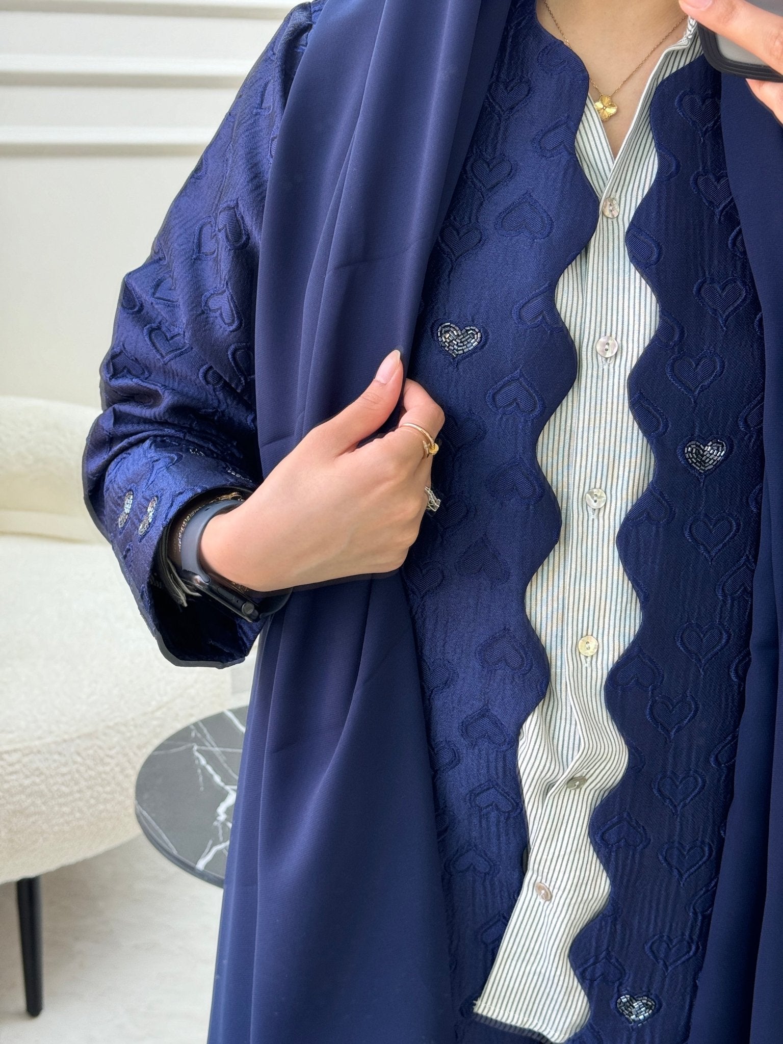 C 0715 - 03 Beaded Printed Navy Blue Abaya