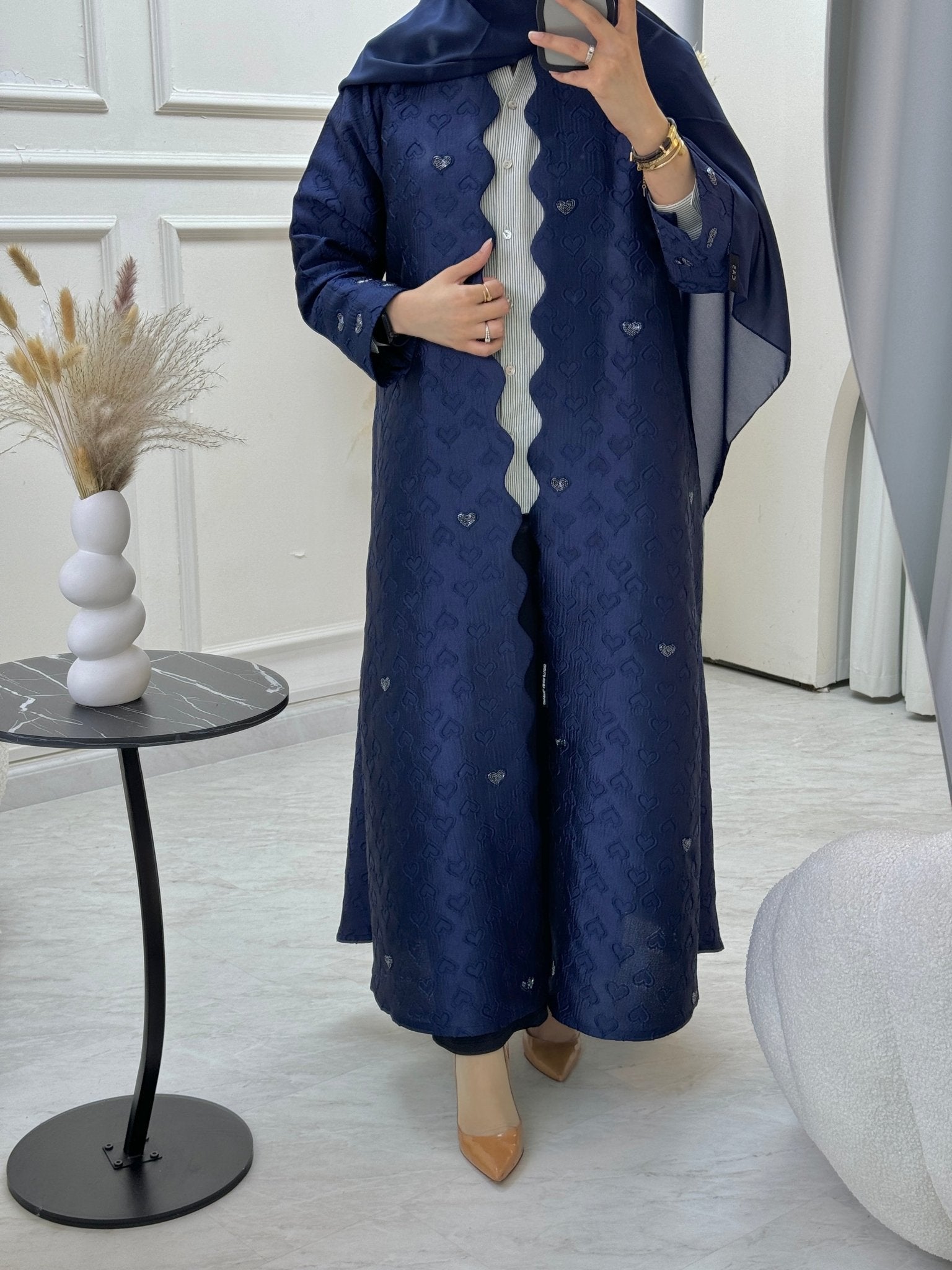 C 0715 - 03 Beaded Printed Navy Blue Abaya