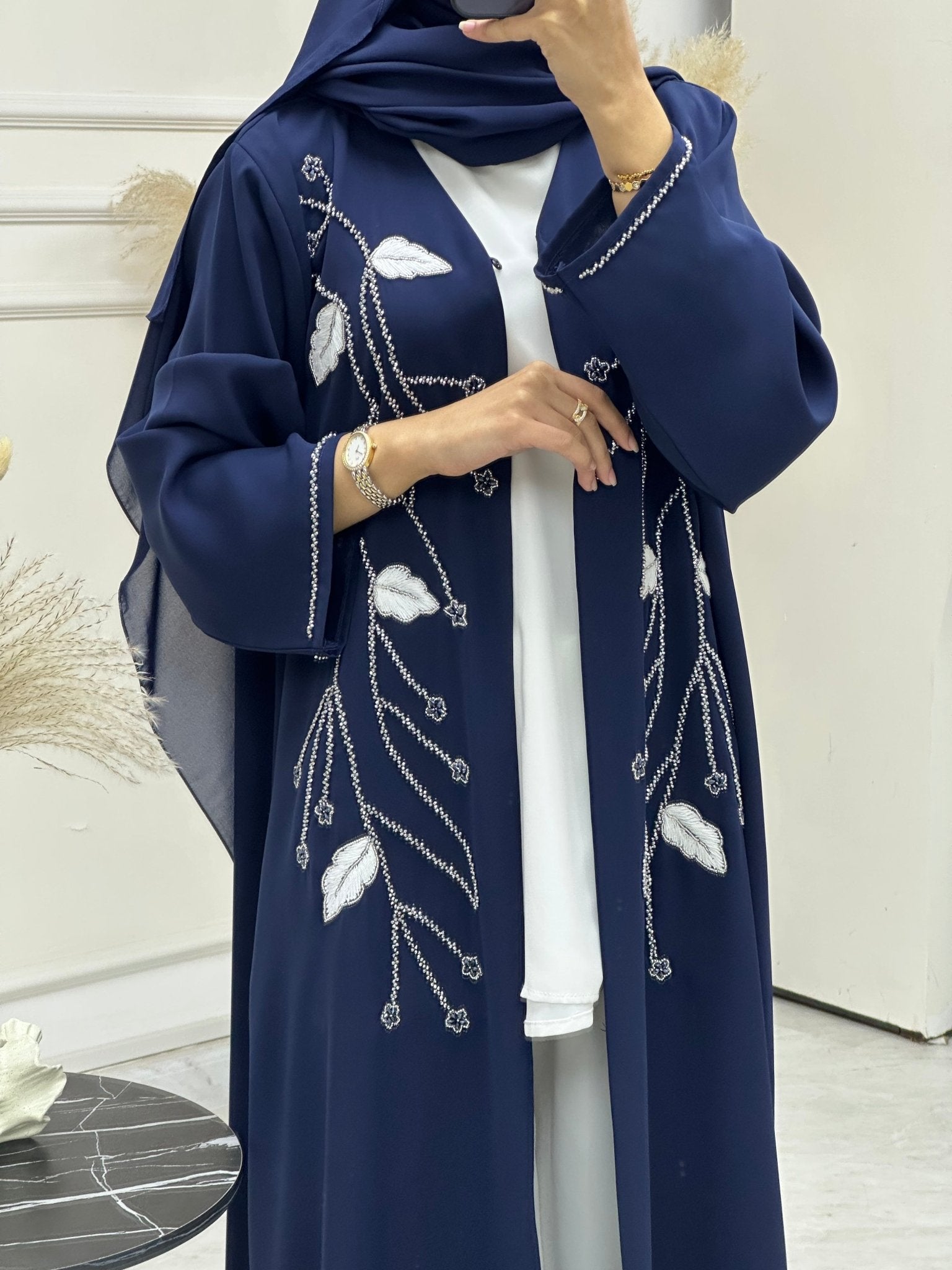 C 0743 Navy Blue Beaded Abaya