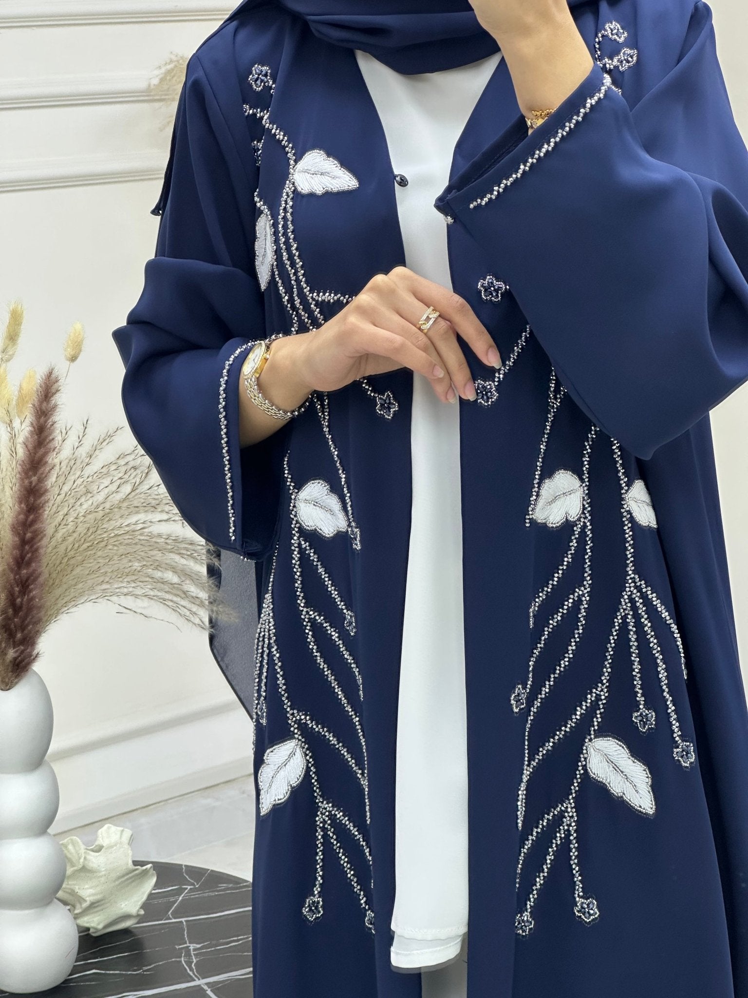 C 0743 Navy Blue Beaded Abaya