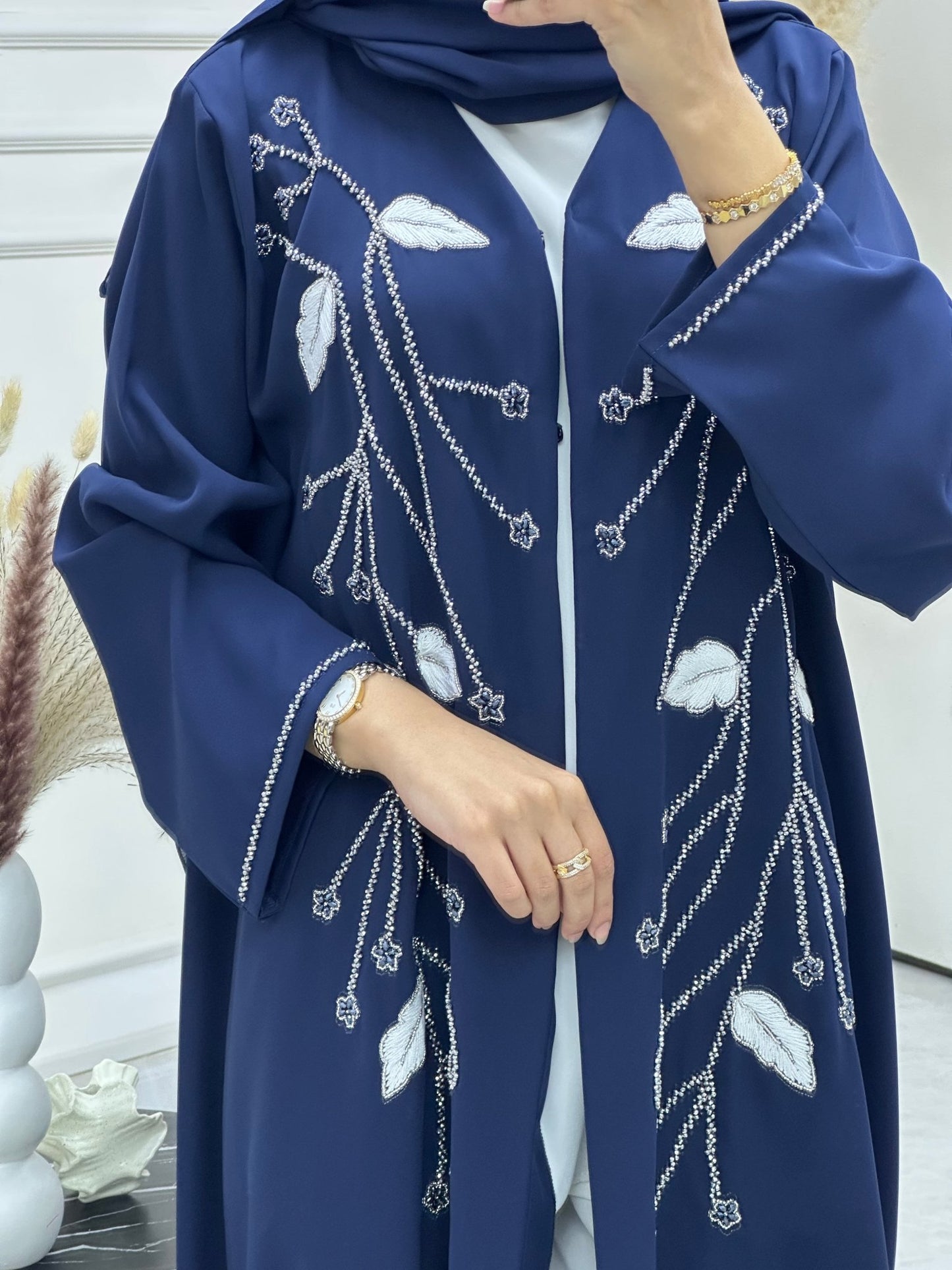 C 0743 Navy Blue Beaded Abaya