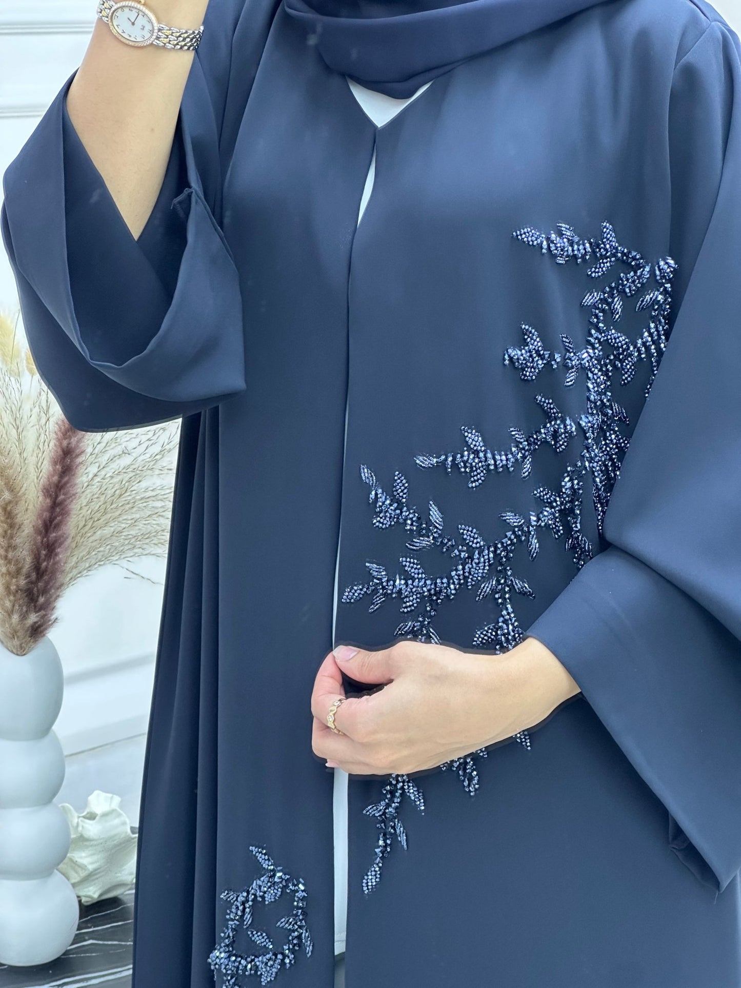 C 0746 Dark Navy Blue Beaded Abaya