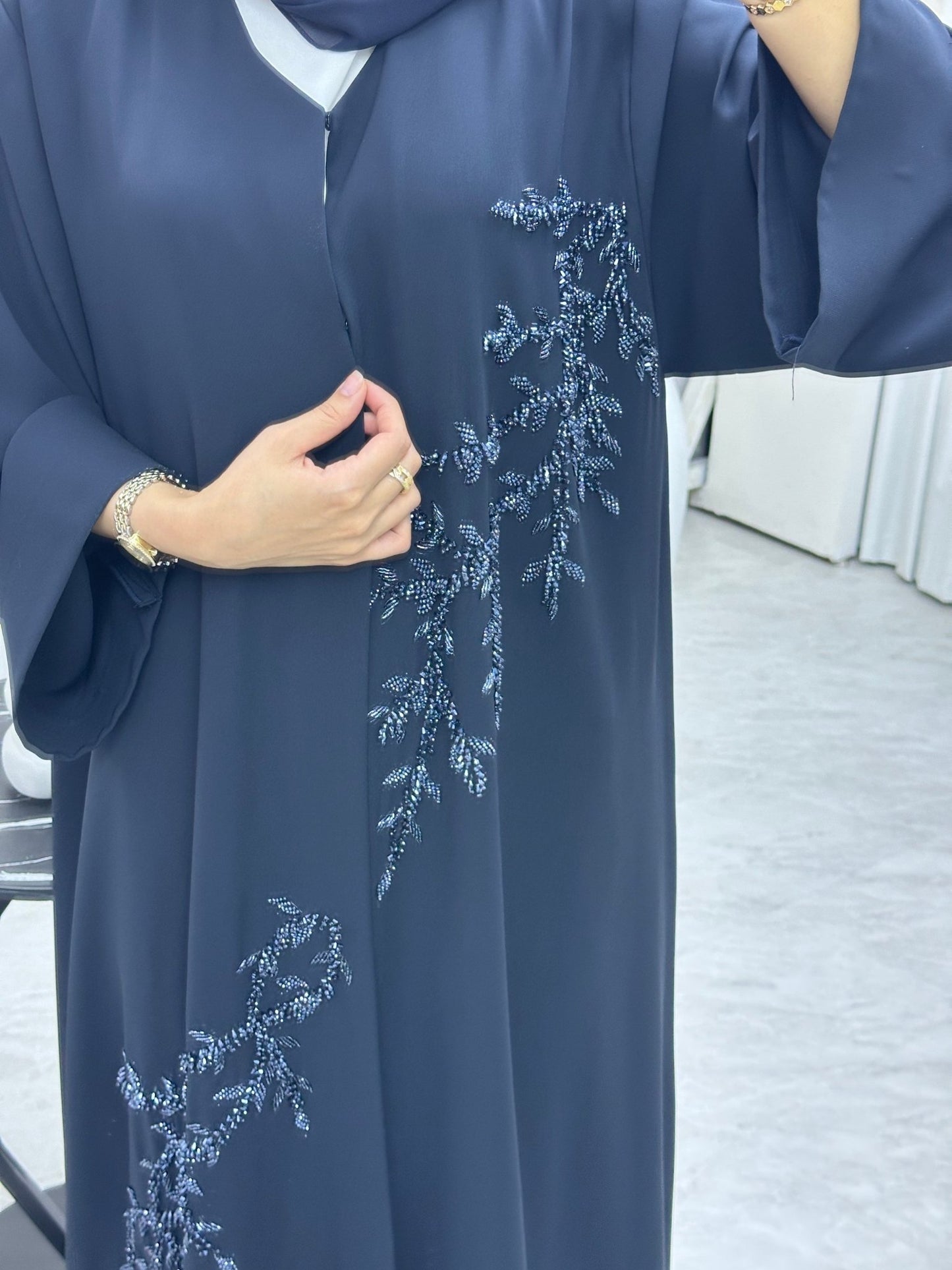 C 0746 Dark Navy Blue Beaded Abaya