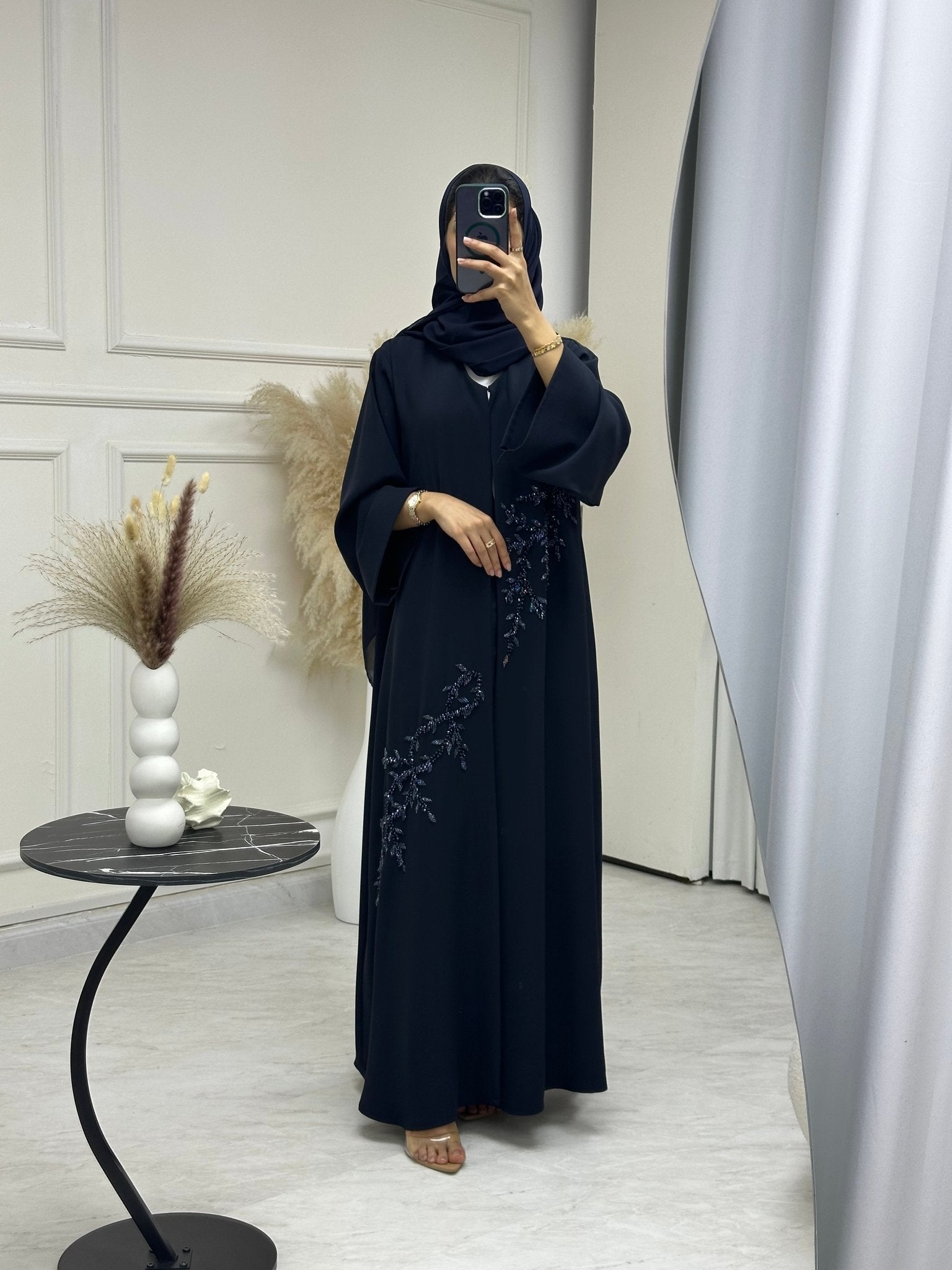 C 0746 Dark Navy Blue Beaded Abaya