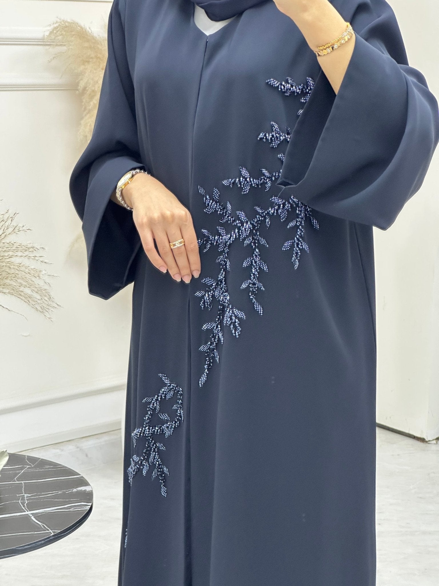 C 0746 Dark Navy Blue Beaded Abaya