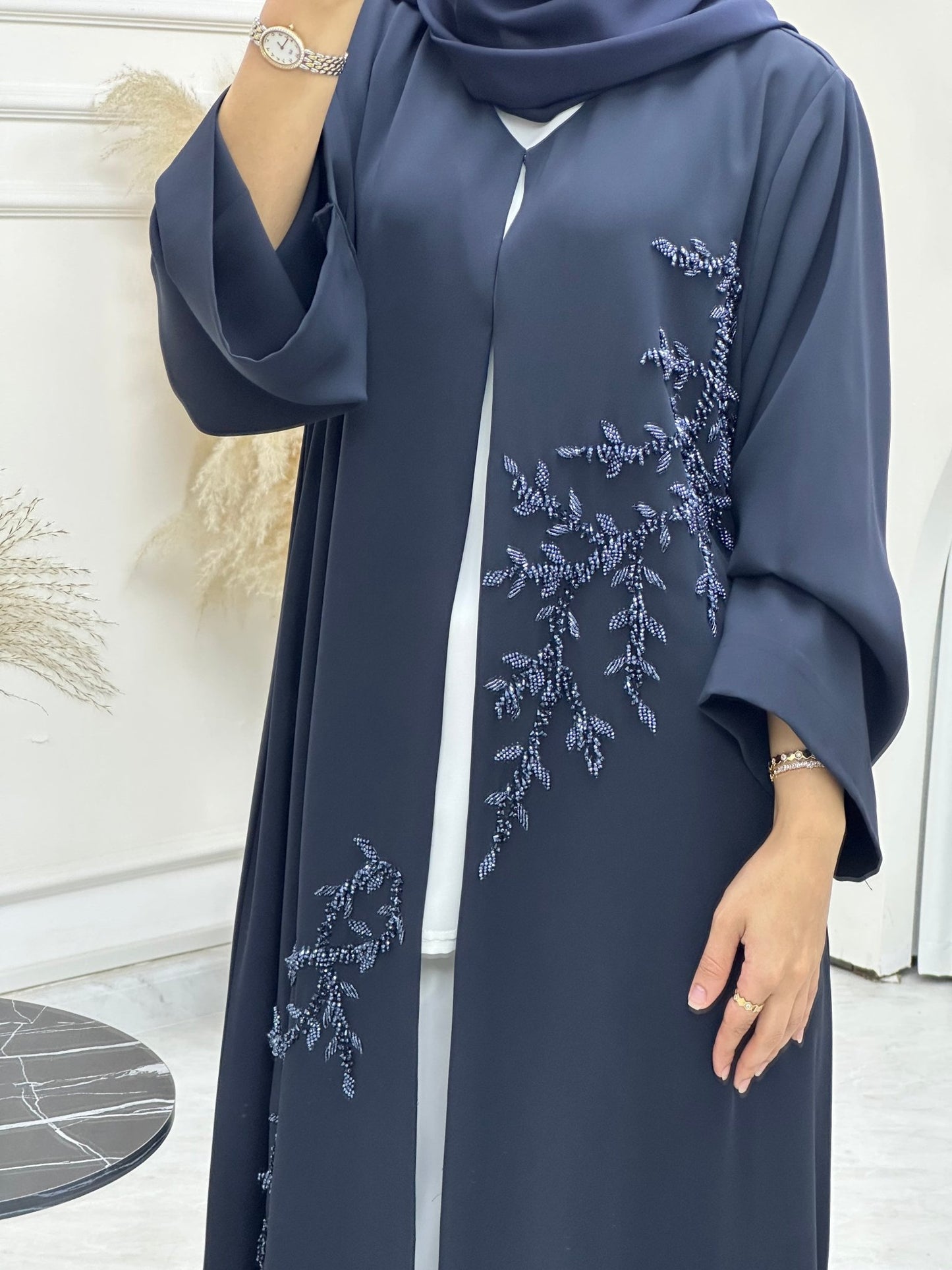 C 0746 Dark Navy Blue Beaded Abaya