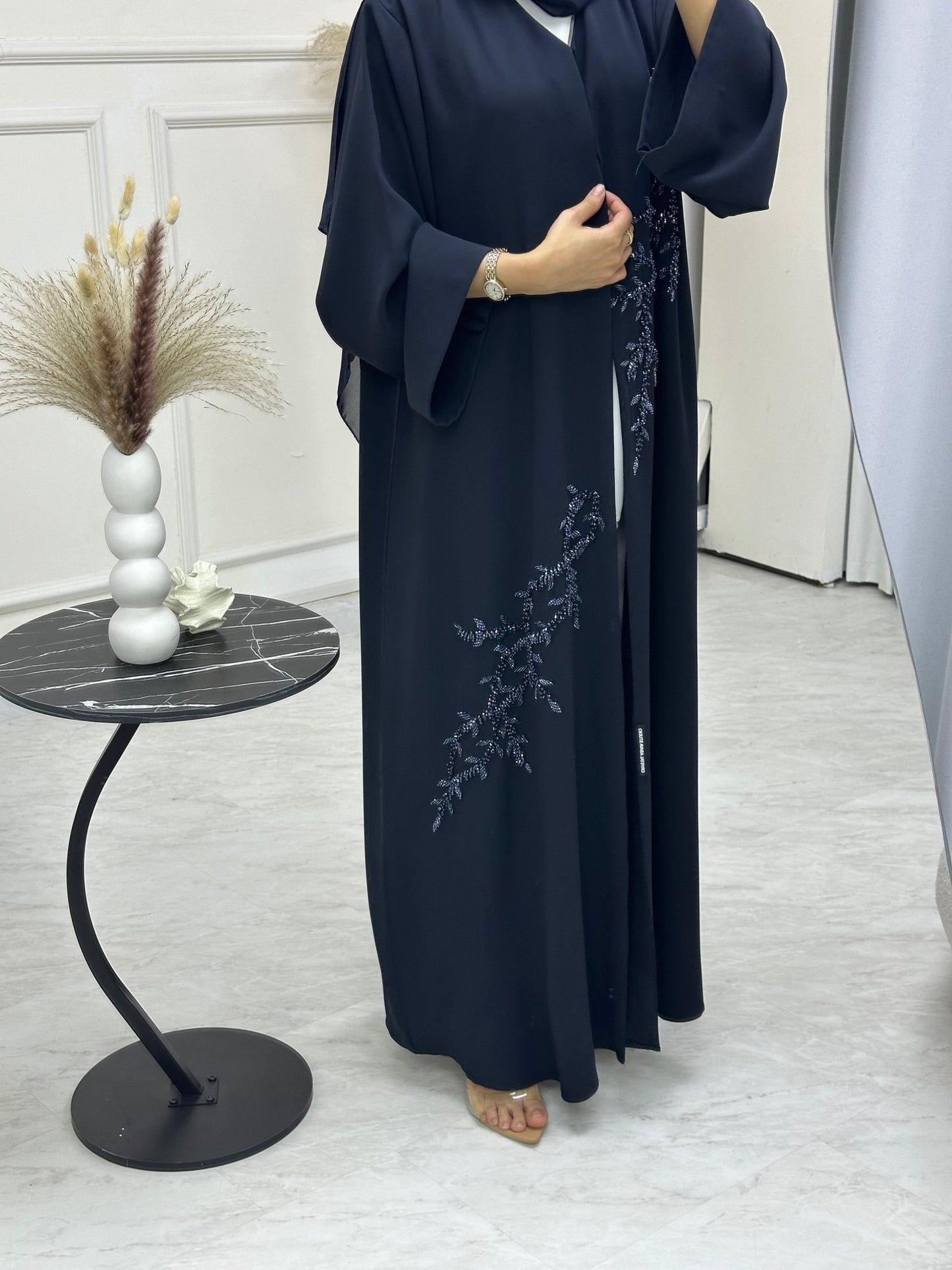 C 0746 Dark Navy Blue Beaded Abaya