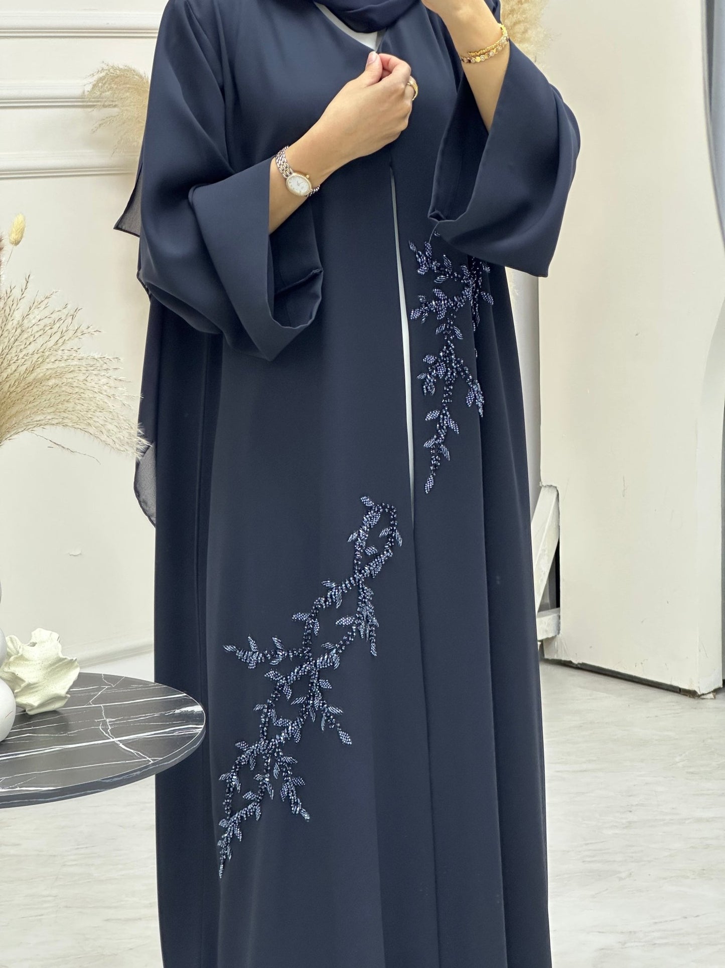 C 0746 Dark Navy Blue Beaded Abaya