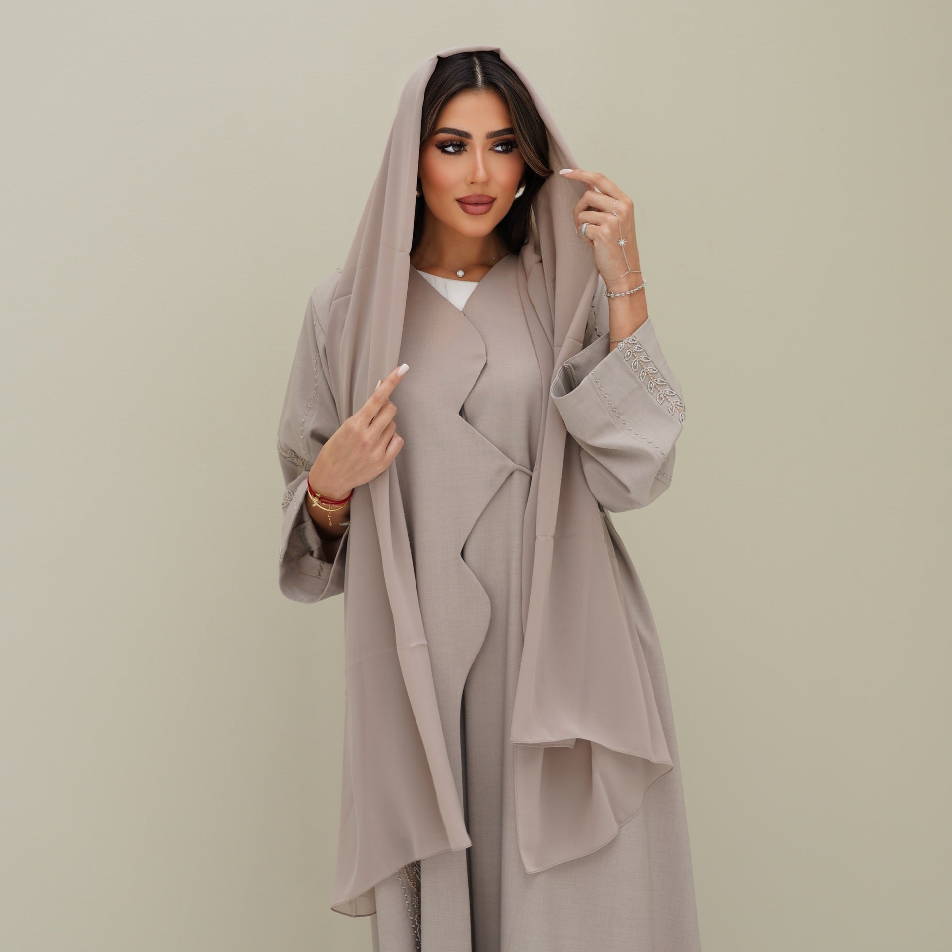 C 0770 Beige Beaded Abaya