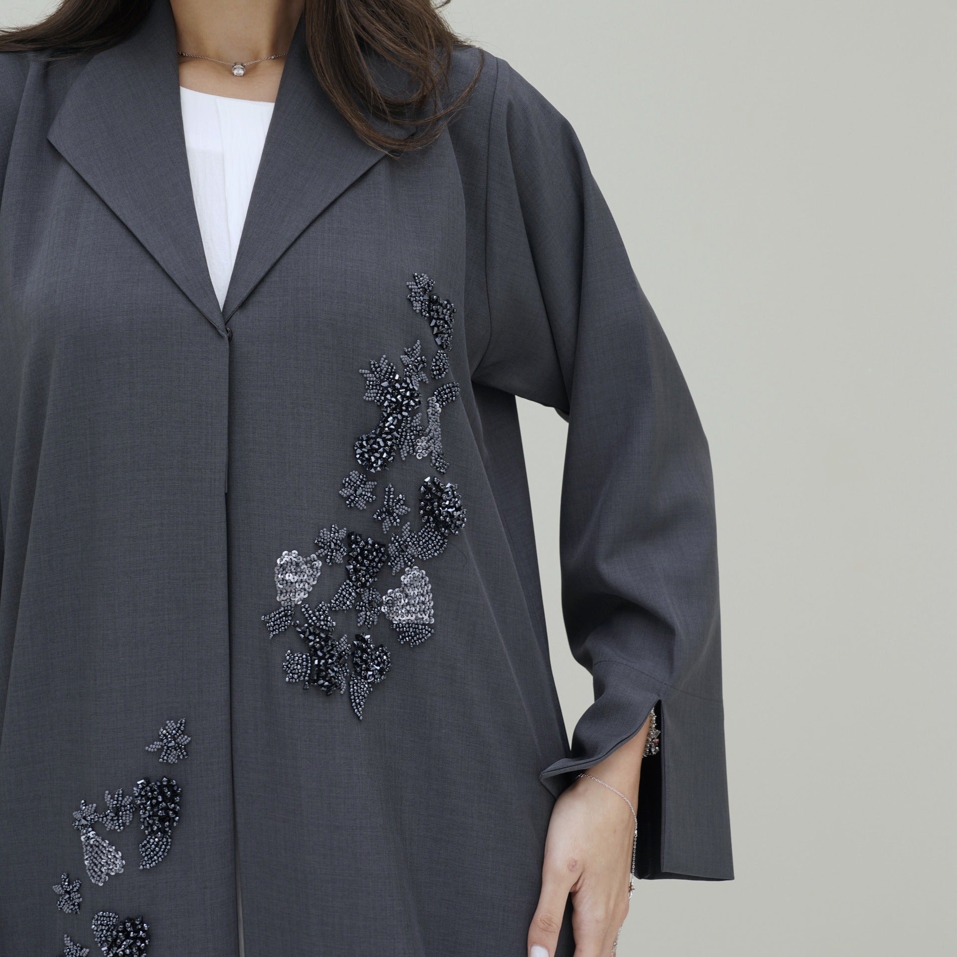 C 0773 Dark Grey Beaded Coat Abaya