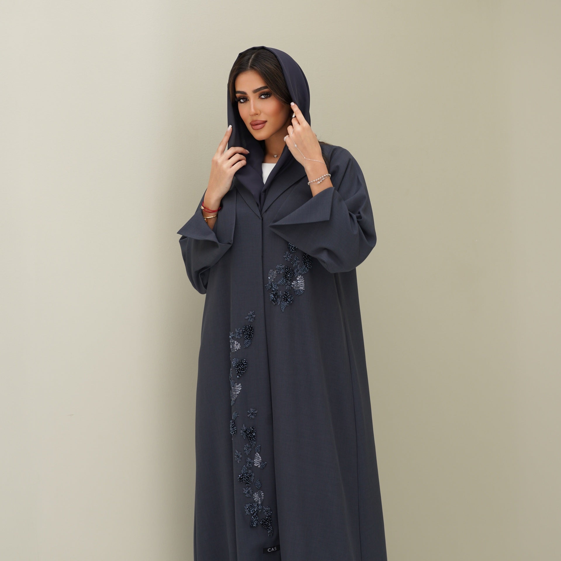 C 0773 Dark Grey Beaded Coat Abaya