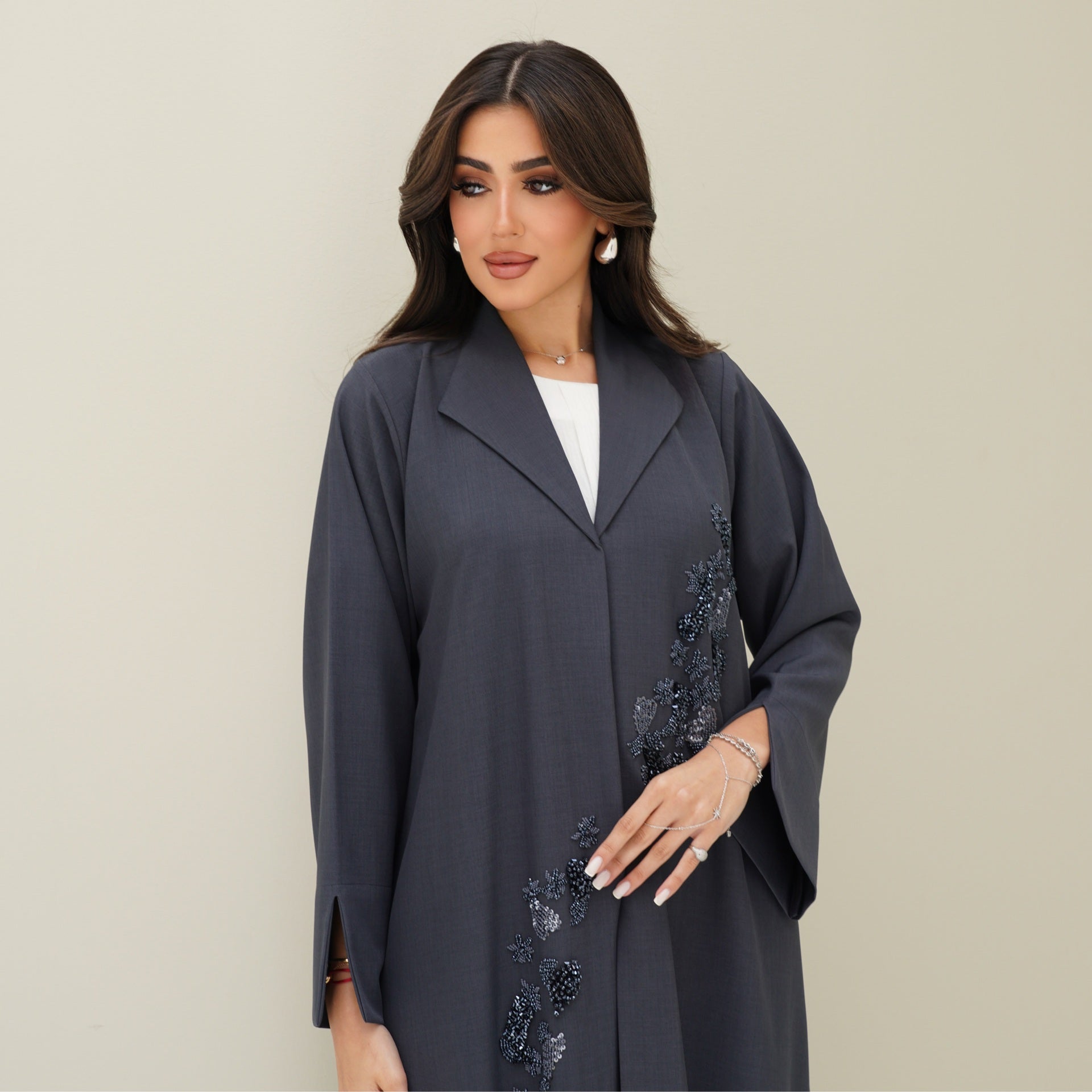 C 0773 Dark Grey Beaded Coat Abaya