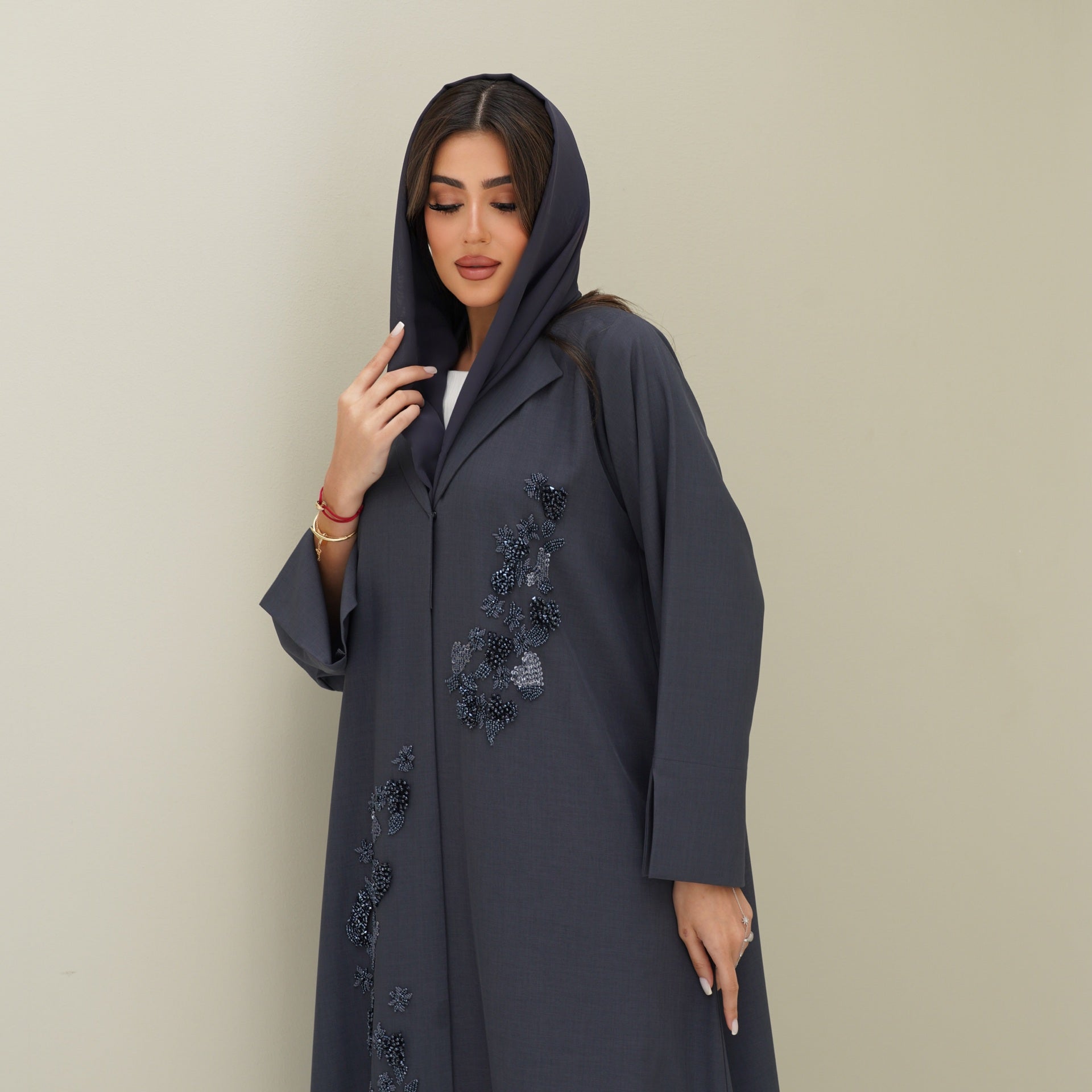 C 0773 Dark Grey Beaded Coat Abaya